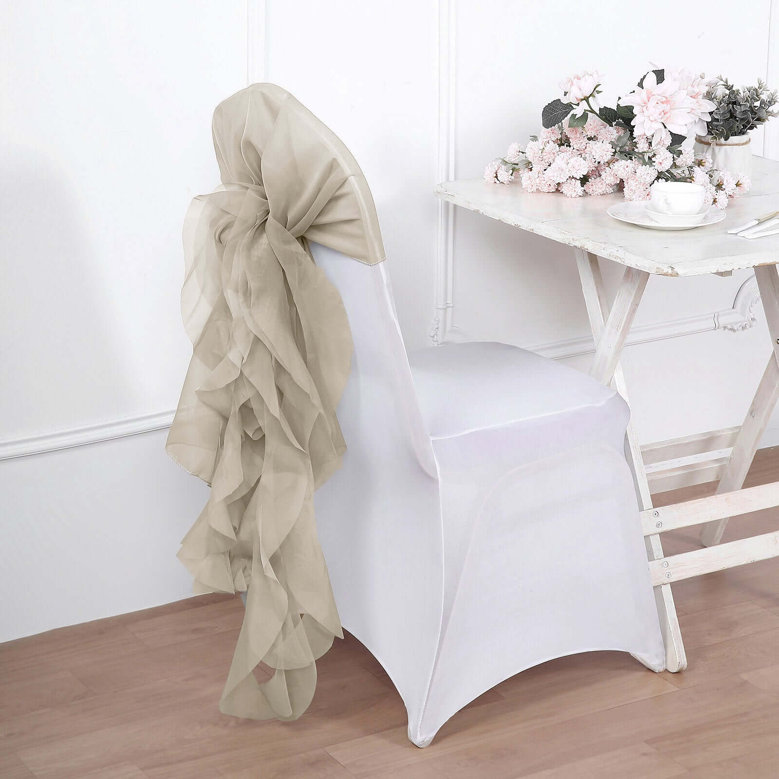 Chiffon Chair Sash with Curly Design Beige - Stylish Chair Decorations