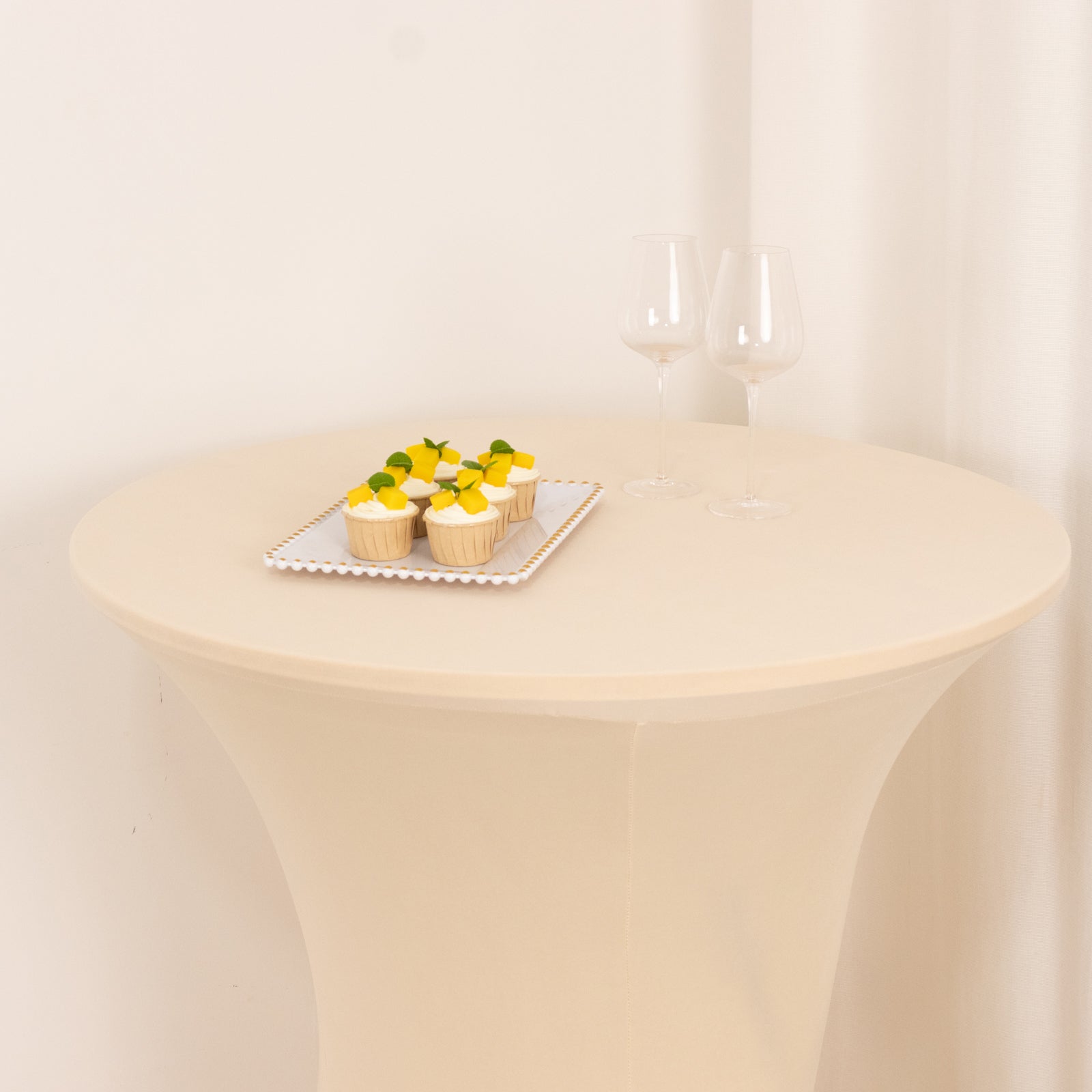 Spandex 33"-36" Round Cocktail Table Cover Beige - Easy to Maintain Stretch Fitted Highboy Tablecloth