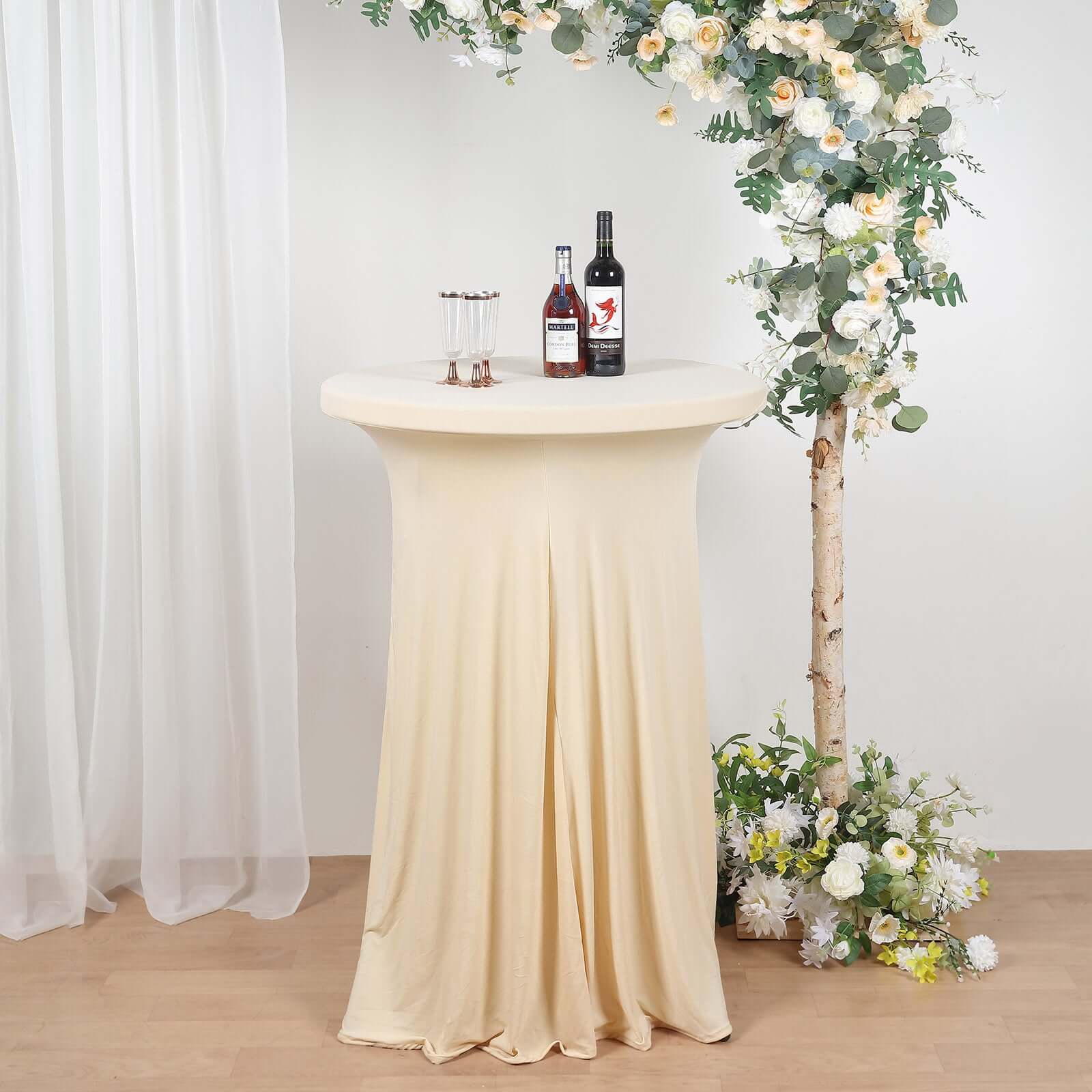 Spandex 32" Round Cocktail Table Cover Skirt Beige With Natural Wavy Drapes