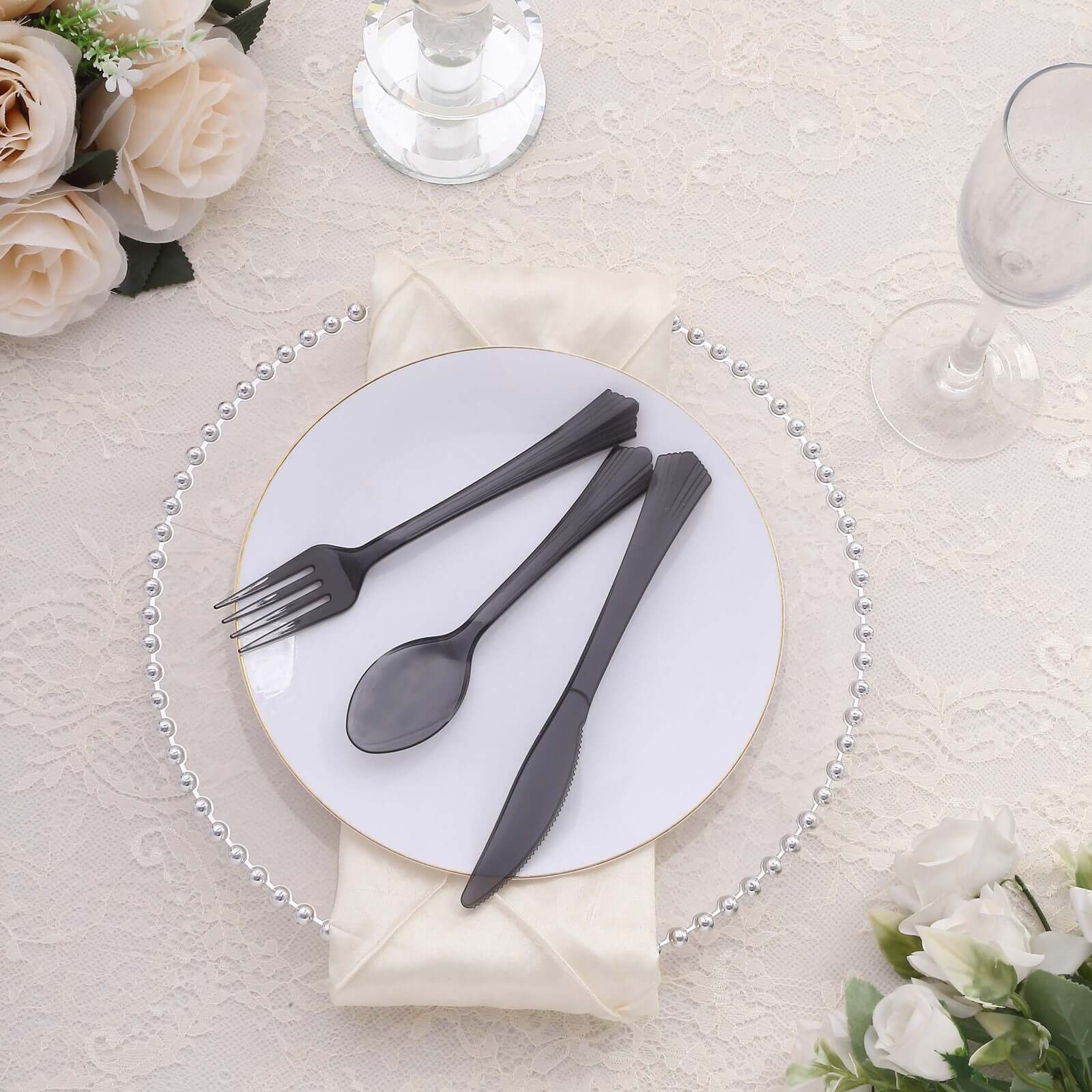 24-Pack Plastic Silverware Set with Fan Flared Tip Handle Transparent Black - Heavy Duty Disposable Utensils 7"
