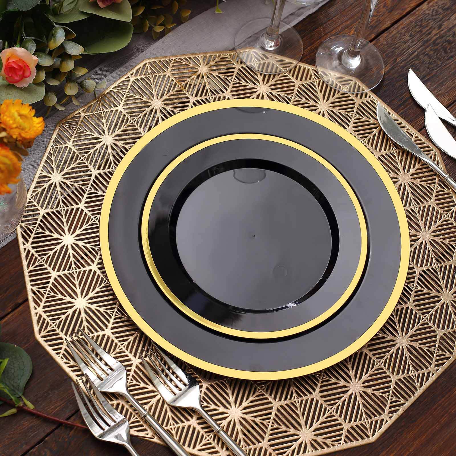 10-Pack Plastic 7" Round Appetizer Plates in Black with Gold Rim - Sleek Disposable Salad Plates for Banquets & Special Occasions