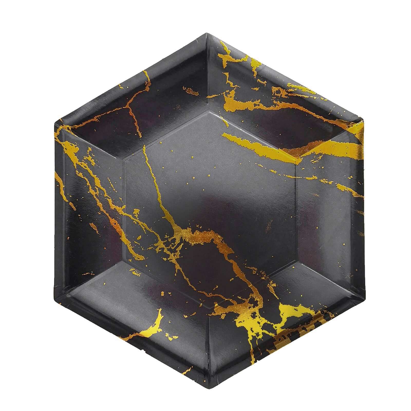25-Pack Paper 12" Hexagon Dinner Plates in Black with Gold Marble Design - Disposable Geometric 400GSM Party Plates for Events & Banquets