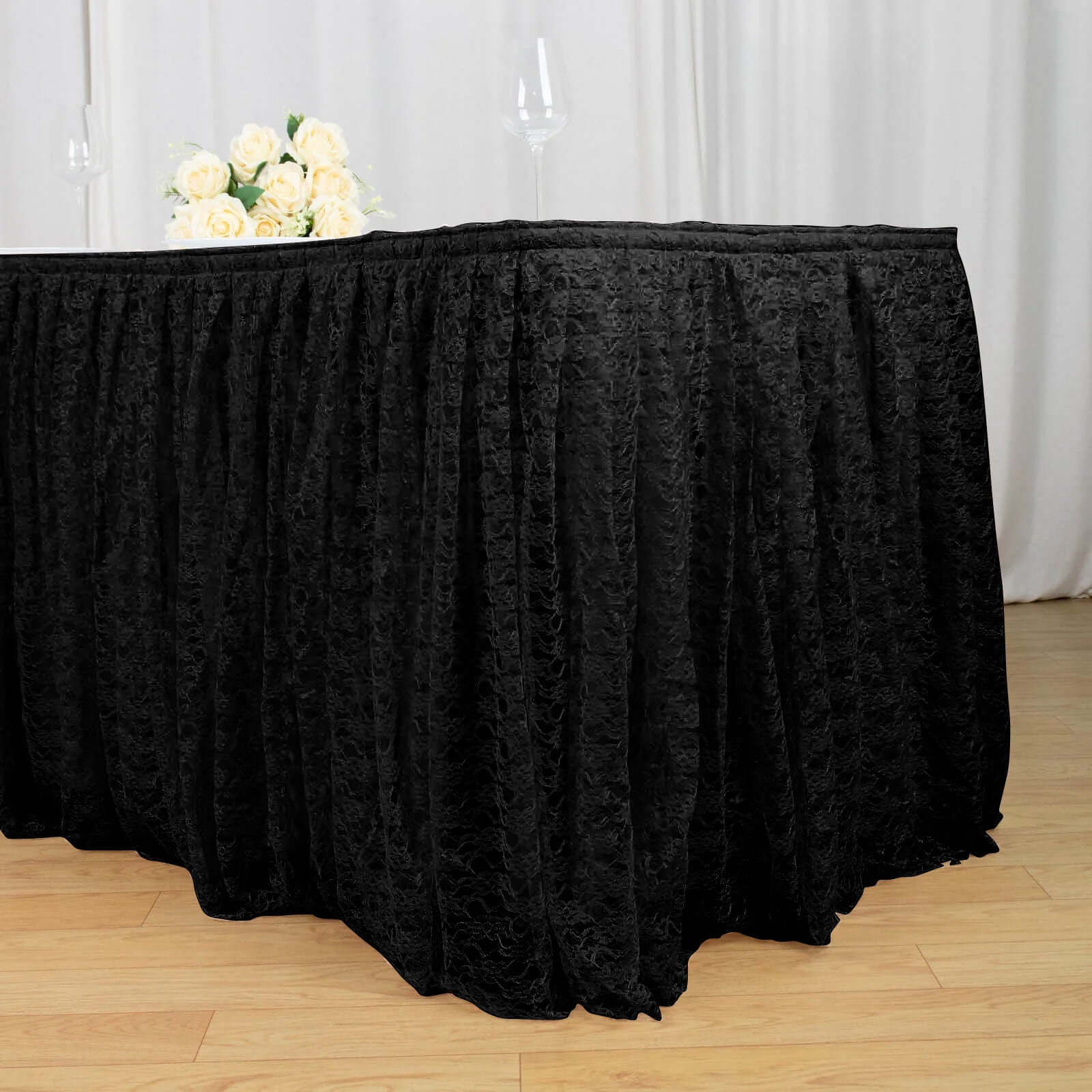 21ft Black Premium Pleated Lace Table Skirt