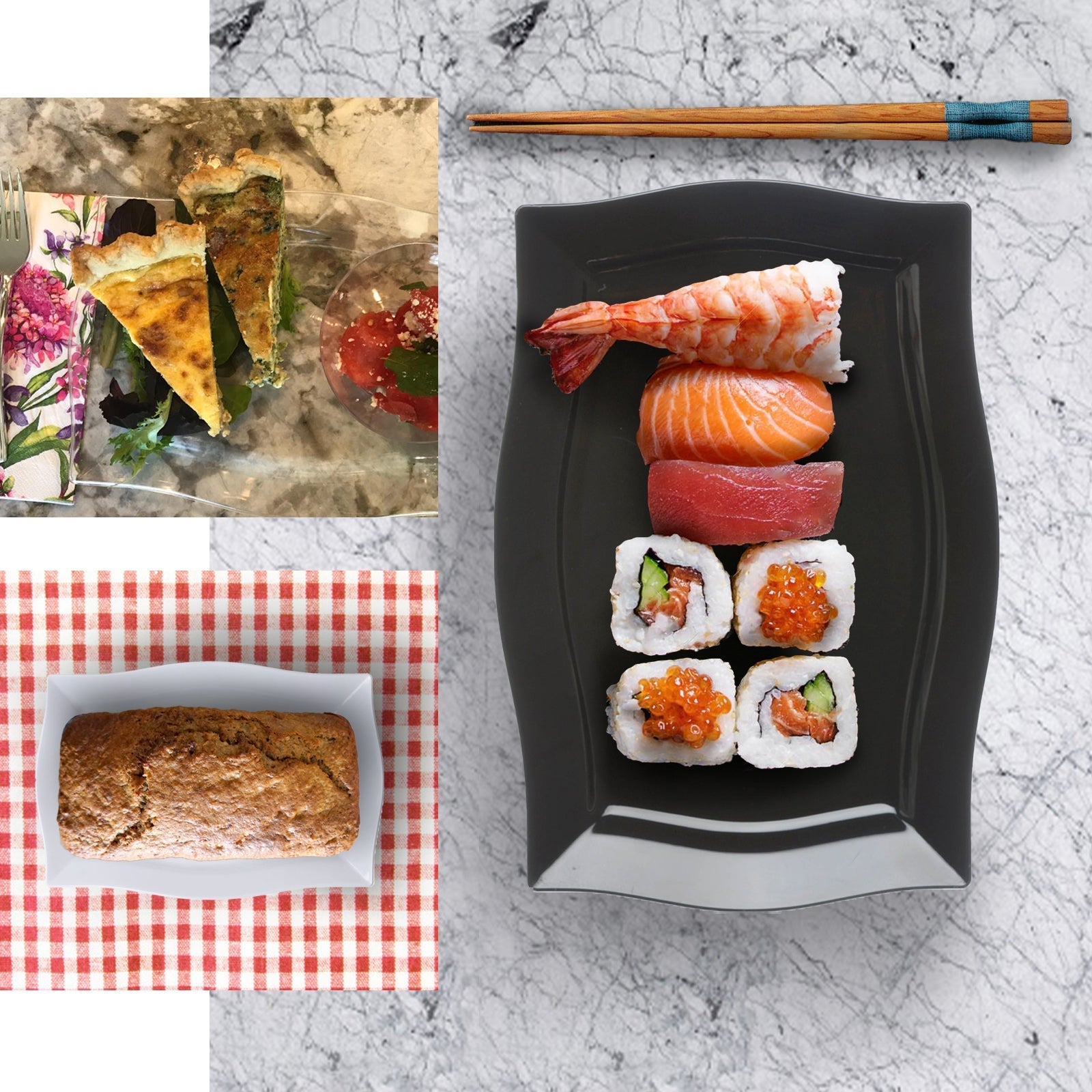 10-Pack Serving Plates Rectangular Design with Wave Trimmed Rim Glossy Black - Plastic Disposable Event Plates 12"