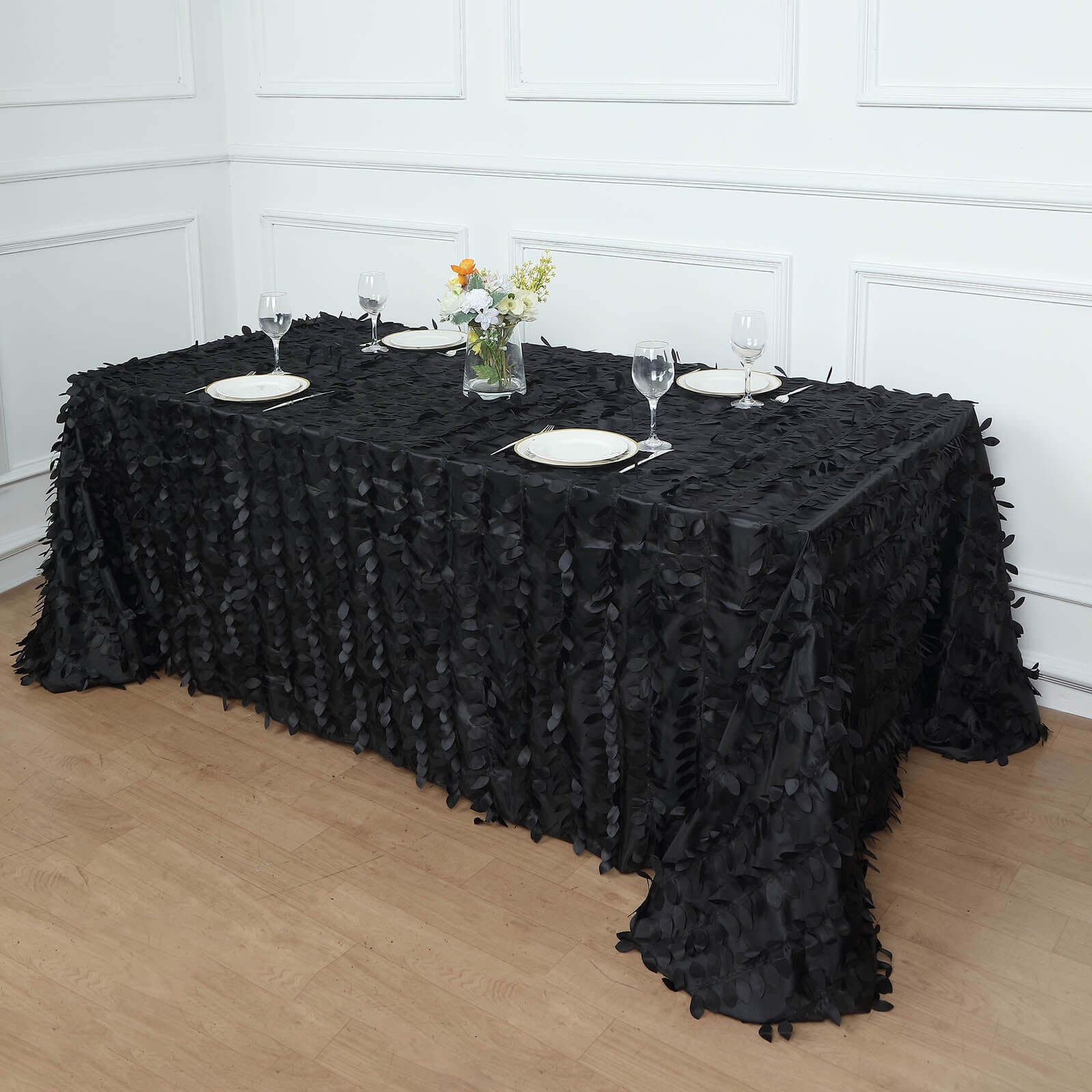 Taffeta 90"x156" Rectangle Tablecloth Black | 3D Leaf Petal Design Seamless Table Cover