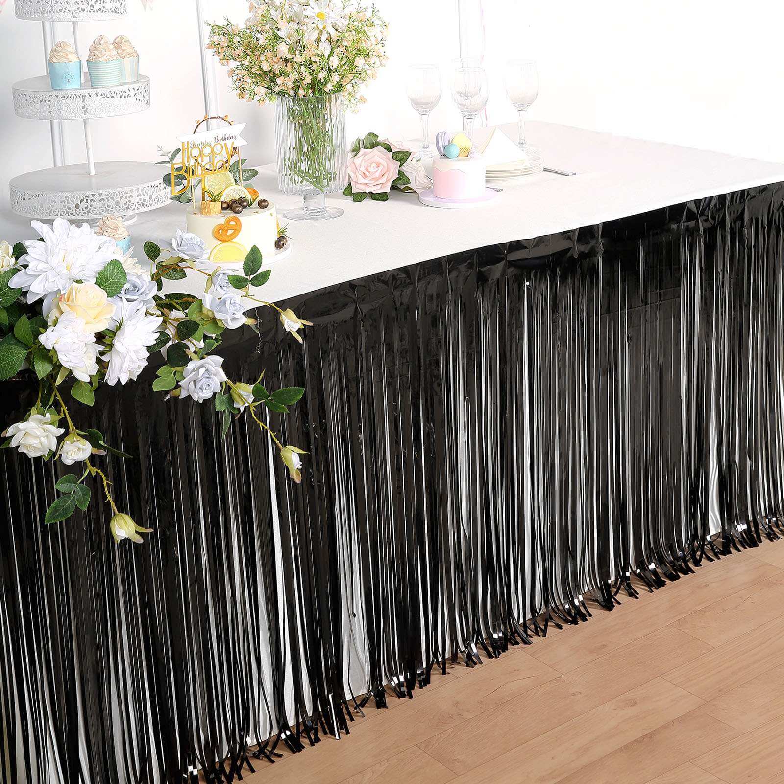 Metallic Foil Fringe Table Skirt Black with Self Adhesive Backing - Durable Tinsel Skirt for Parties 30"x9ft