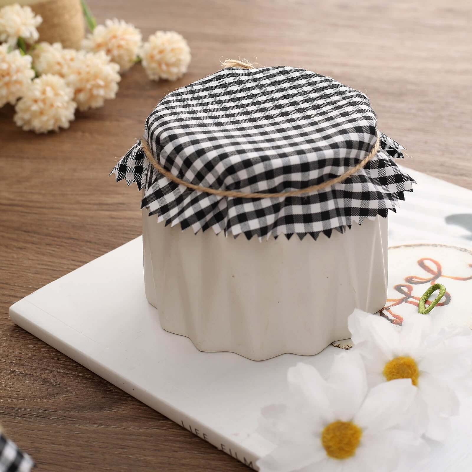6 Pack 6" Black White Gingham Mason Jar Cloth Lid Covers, Checkered Jam Jar Covers with Jute String