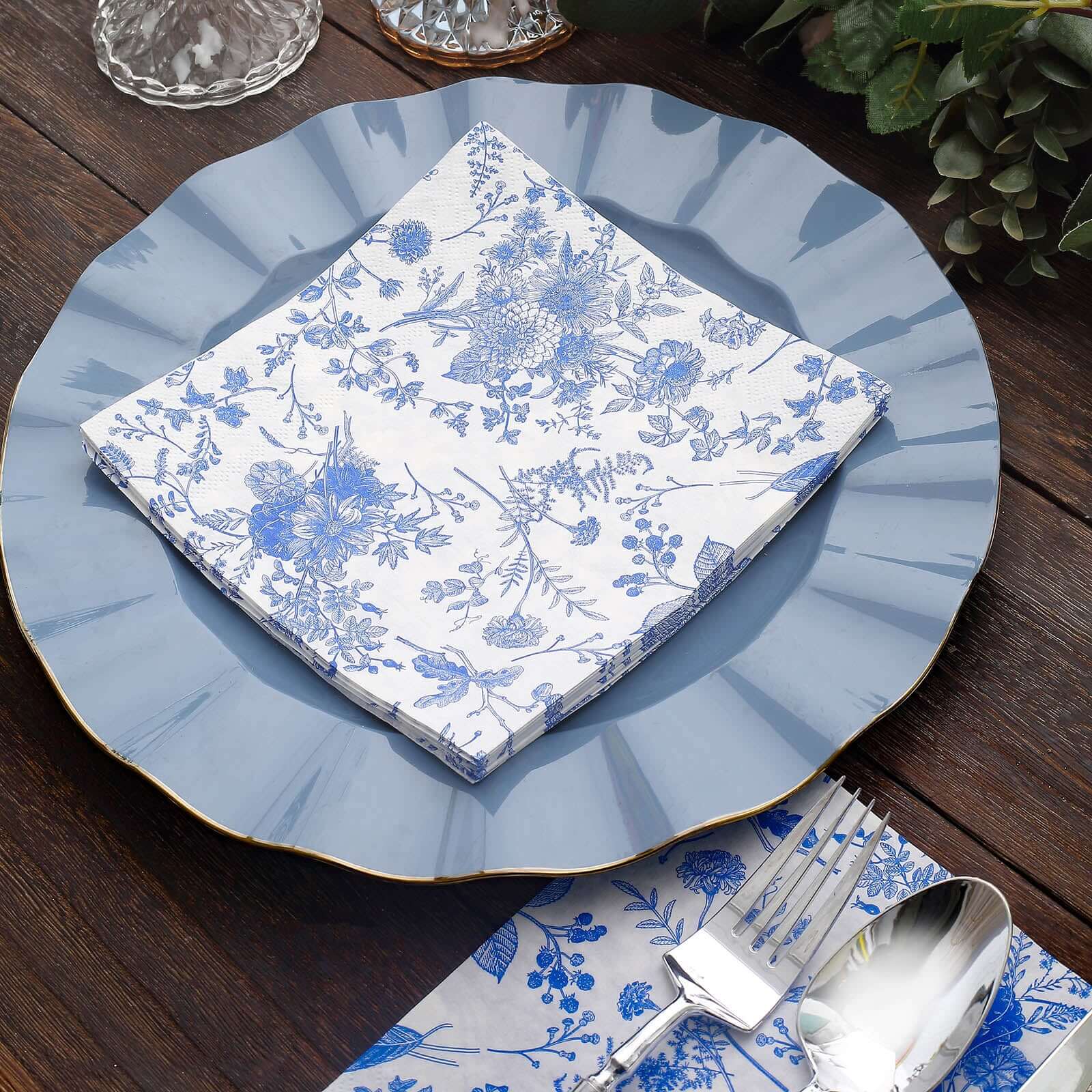 20-Pack Paper Cocktail Napkins with French Toile Print White/Blue - Disposable 2 Ply Beverage Napkins for Events 5"x5"