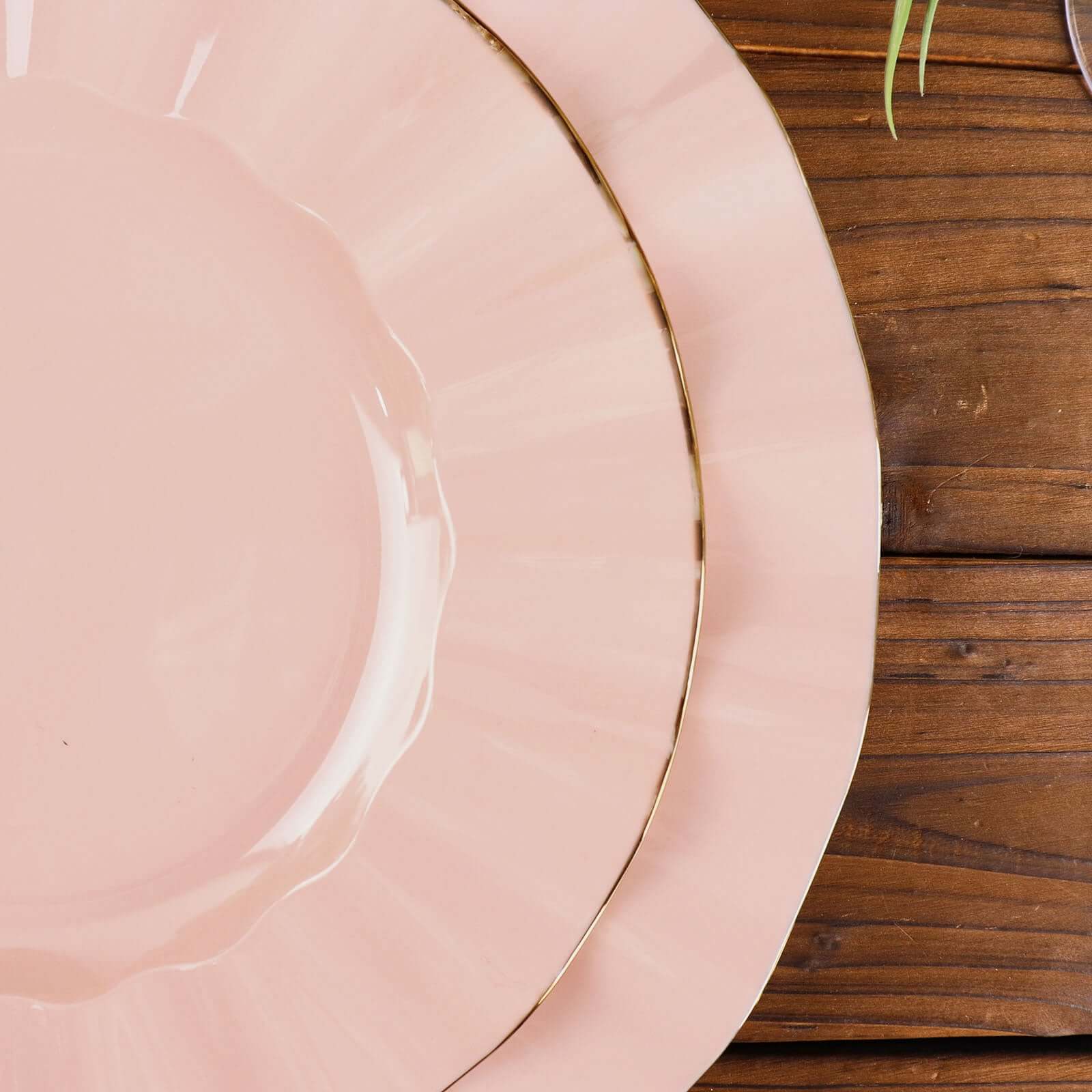 10-Pack Plastic 9" Round Dinner Plates in Blush Ruffled Rim with Gold Edging - Sturdy Disposable Dinnerware