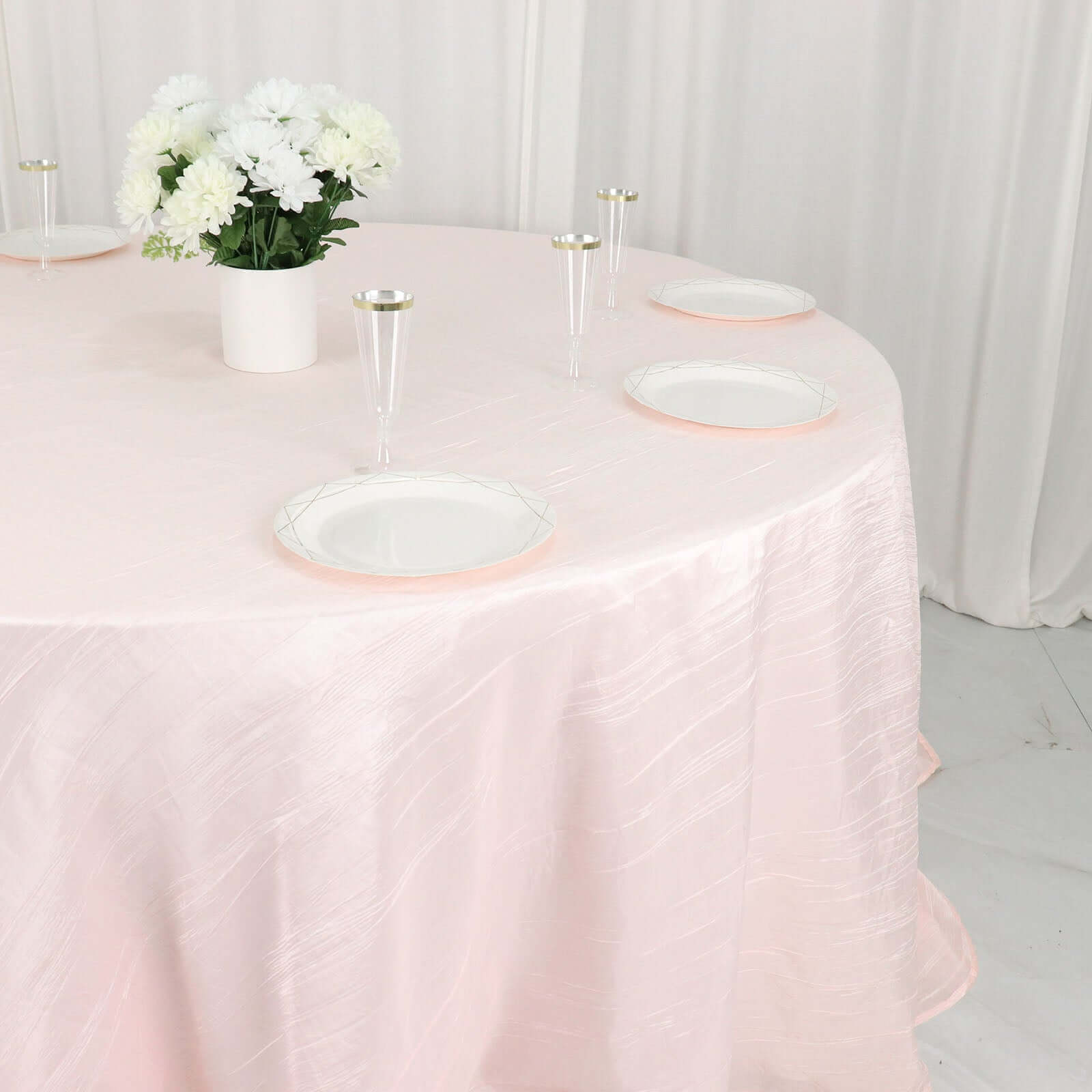 Taffeta 132" Round Tablecloth Blush - Seamless Accordion Crinkle Table Cover