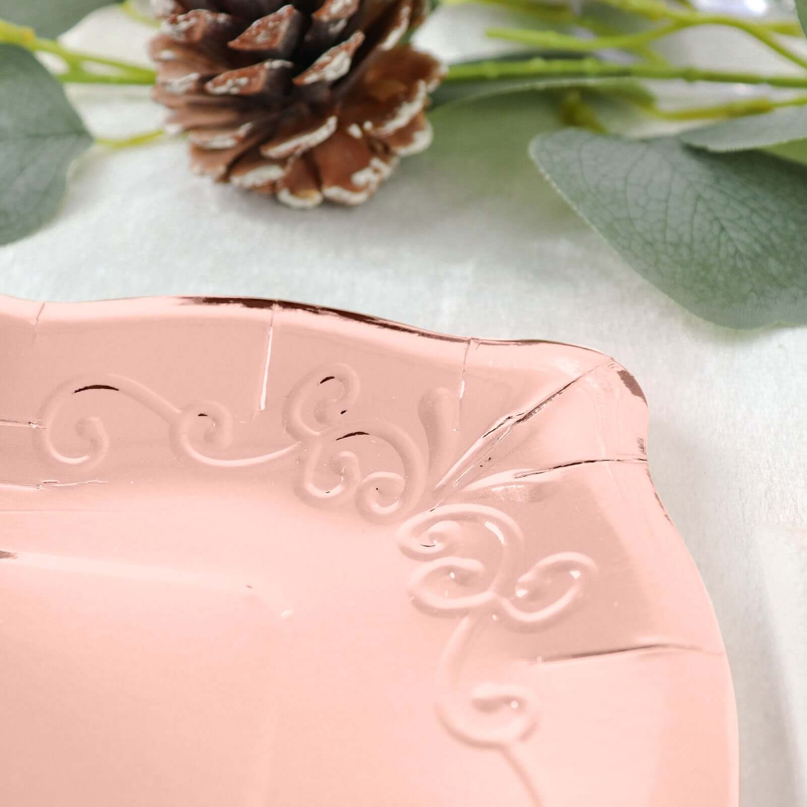 25-Pack Paper 11" Square Dinner Plates in Blush Rose Gold with Vintage Pottery Embossed Design - Shiny Metallic Disposable Serving Plates