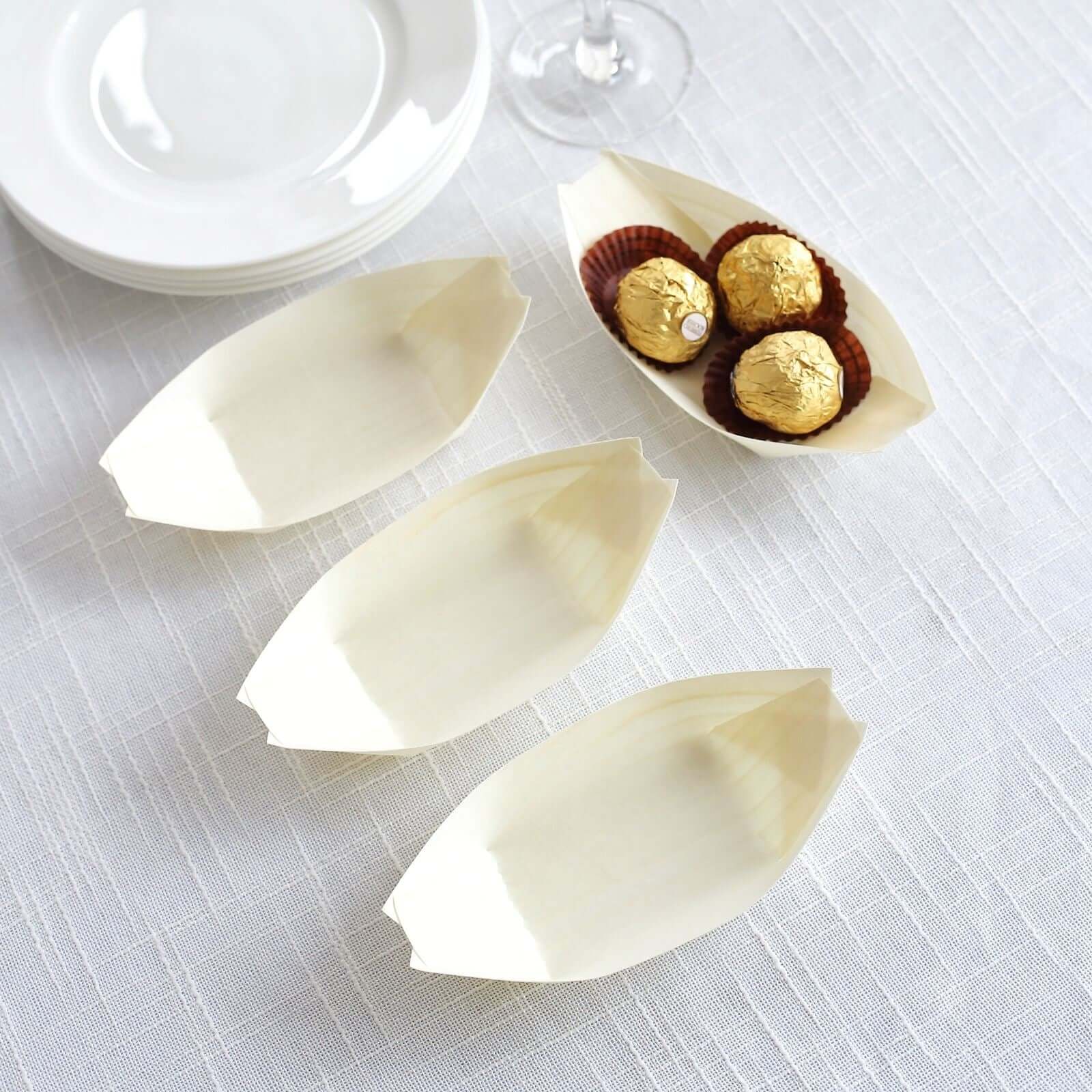 50-Pack Pine Wood Boat Shaped Food Trays Natural Compostable Design - 100% Biodegradable Sushi Snack Plates 6"