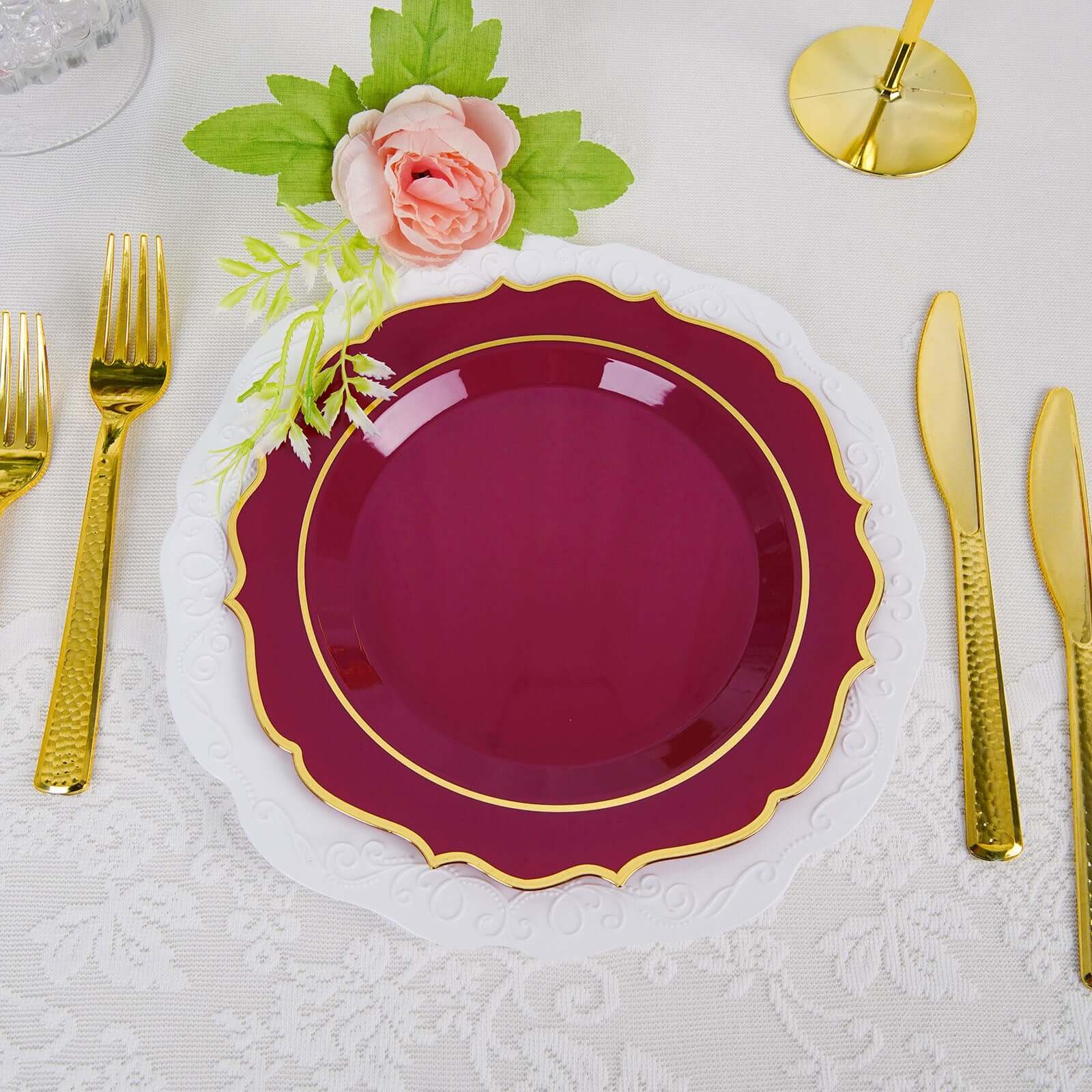 10-Pack Plastic 8" Round Desert Plates in Burgundy with Gold Scalloped Rim - Disposable Appetizer/Salad Plates