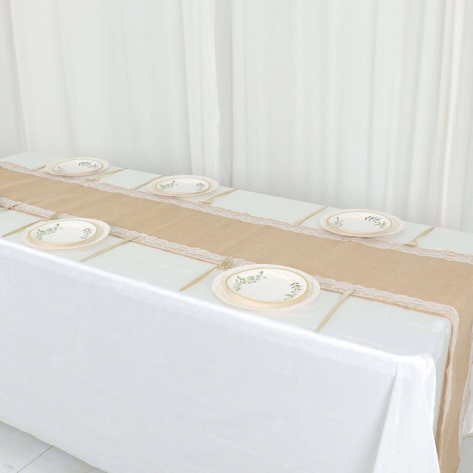 Burlap Jute 14"x104" Table Runner Natural With White Lace Trim Edges - Rustic Vintage Tabletop Decor