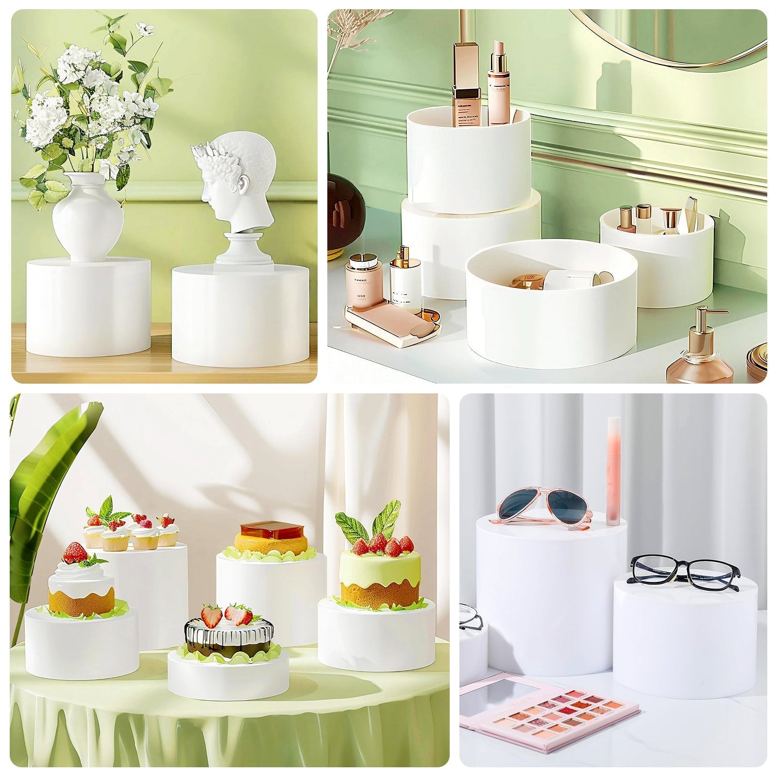 Set of 5 Acrylic Cake Stands Cylinder Design Round White - Display Risers for Events 4", 6", 8", 10", 12"