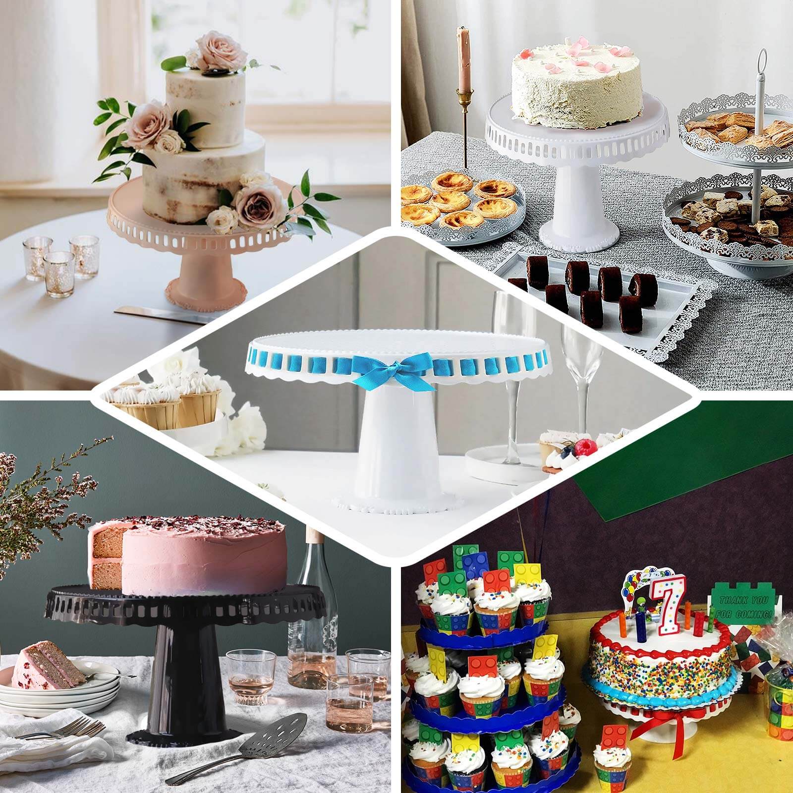 4-Pack Plastic Round Pedestal Cake Stands Black - Reusable Cupcake Pastry Display Risers with Hollow Ribbon Trim Edges for Stylish Dessert Presentation 13"