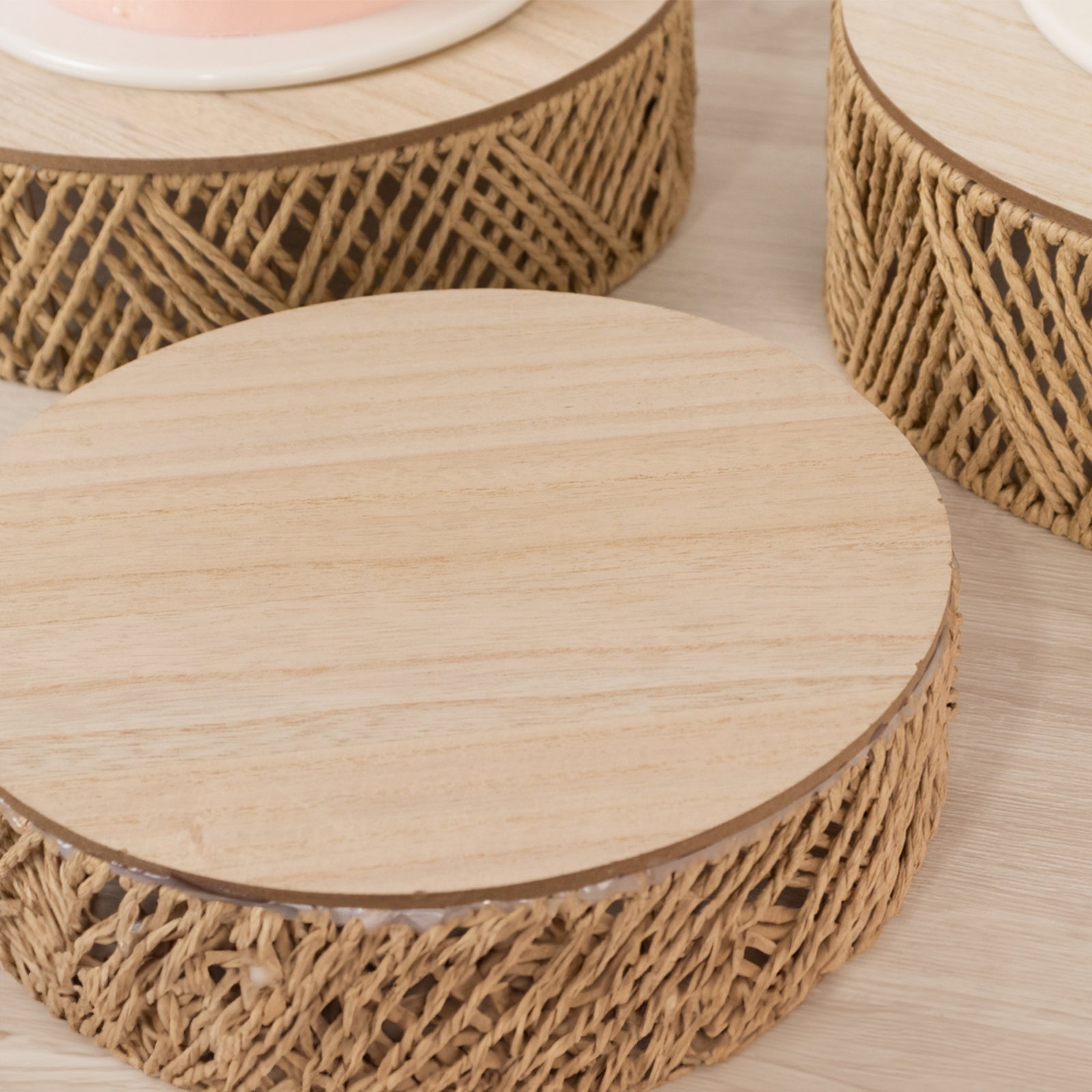 Set of 3 Pedestal Cake Stands Jute Rattan with Wooden Top Plates Natural - Stackable Round Rustic Farmhouse Design 10", 12", 14"