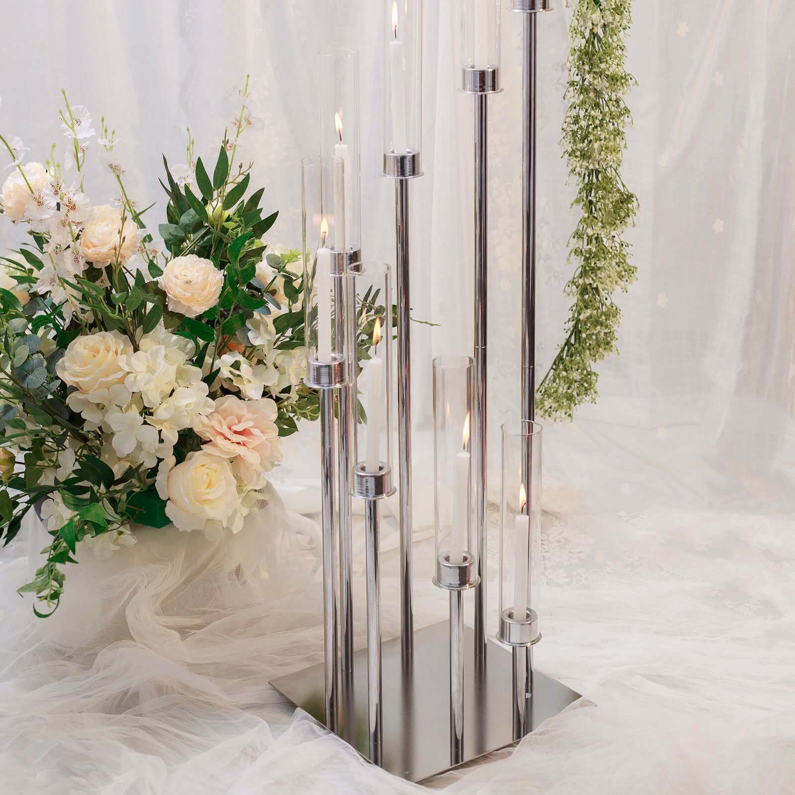 8 Arm Cluster Taper Candle Holder Silver - Stunning Large Candle Arragement With Clear Glass Shades for Grand Banquets & Celebrations 42"