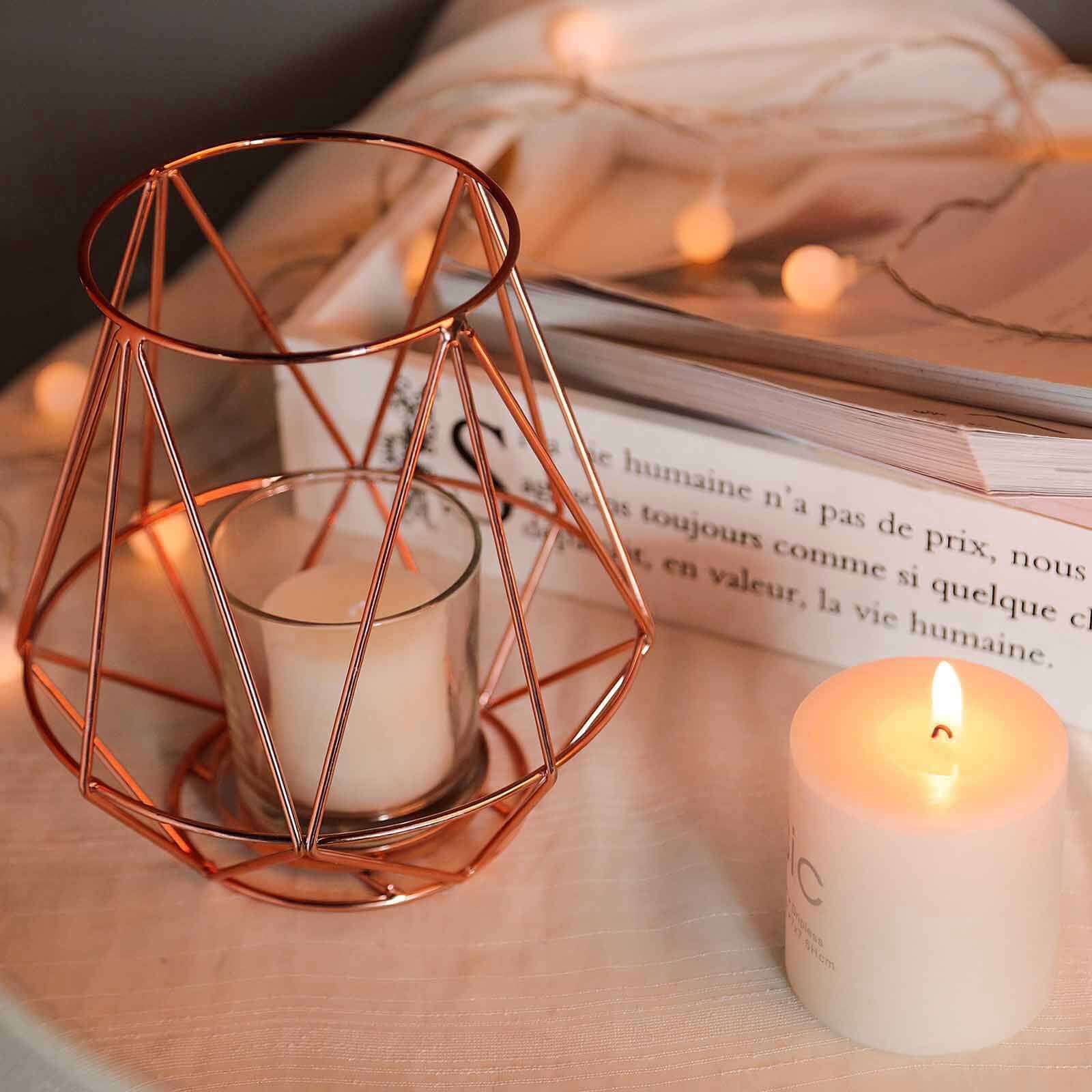 2-Pack Metal Candle Holders Rose Gold Wired Design - Stylish Glass Votive Holder Set 7"