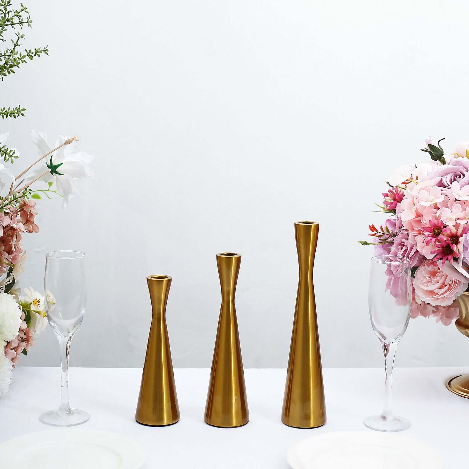 Set of 3 Hourglass Taper Candle Holders Gold Metal Nordic European Design - Tabletop Decor 8", 9", 11"