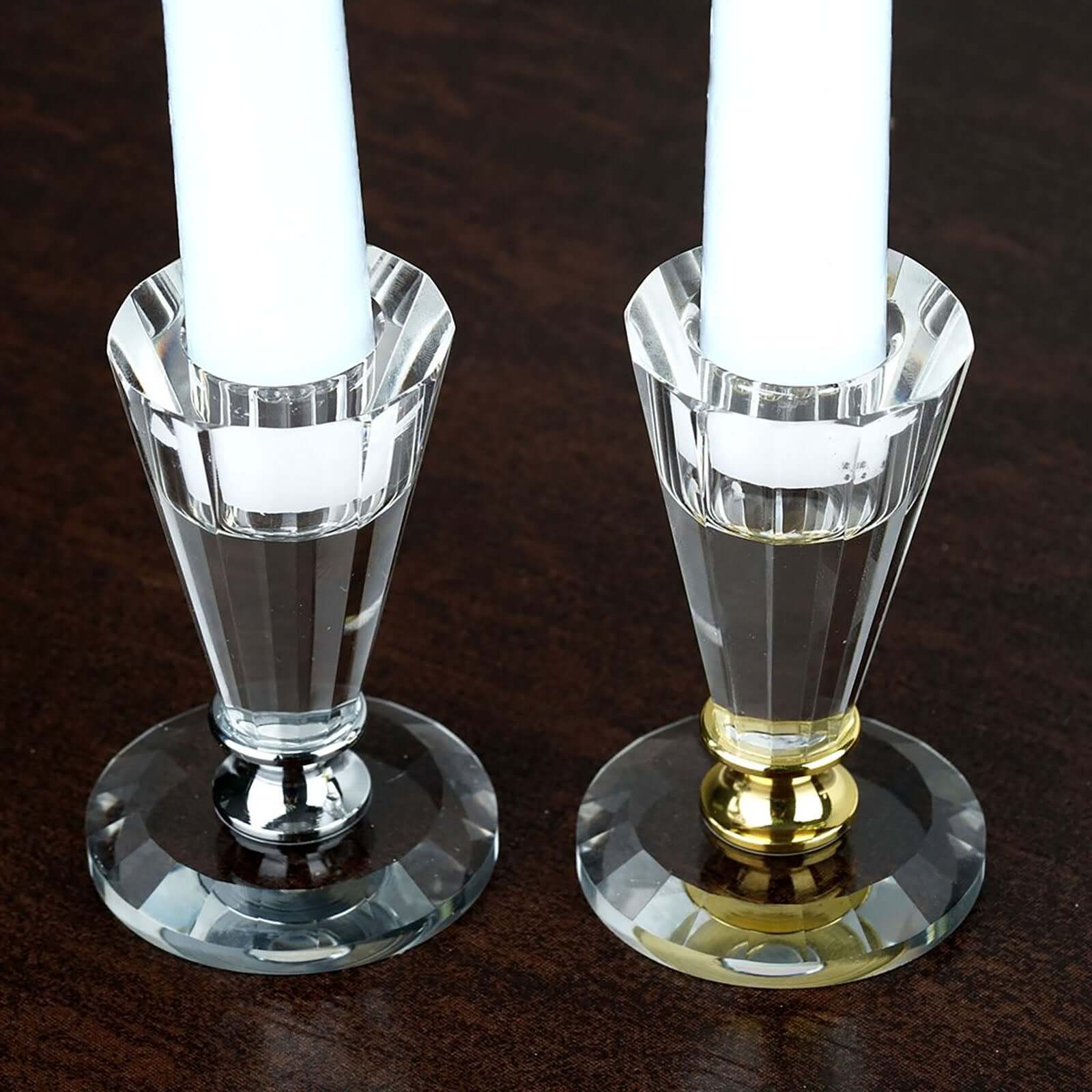 3" Tall Gemcut Premium Crystal Glass Taper Candlestick Holder Stand With Gold Metal Stem