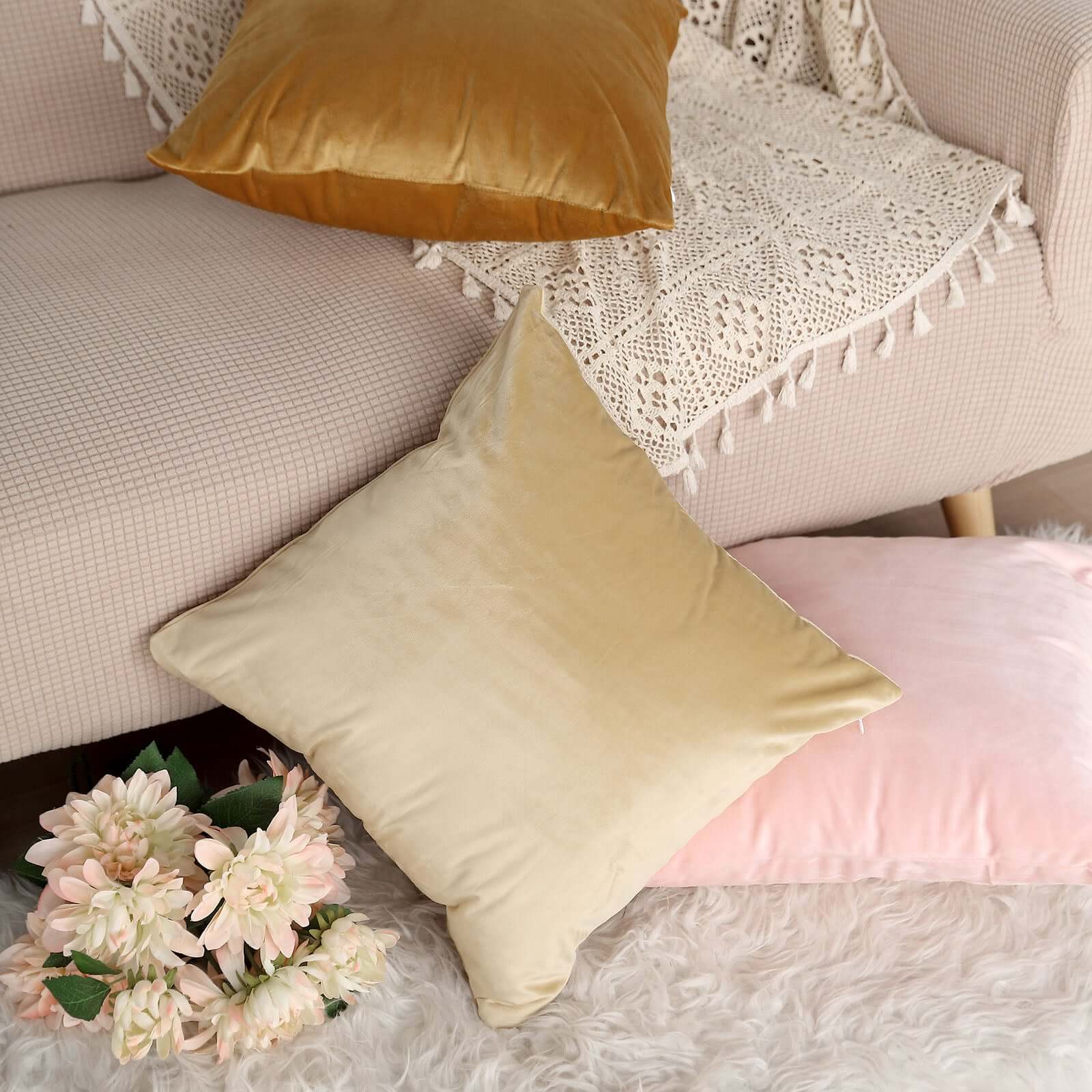 2 Pack 18" Champagne Soft Velvet Square Throw Pillow Cover