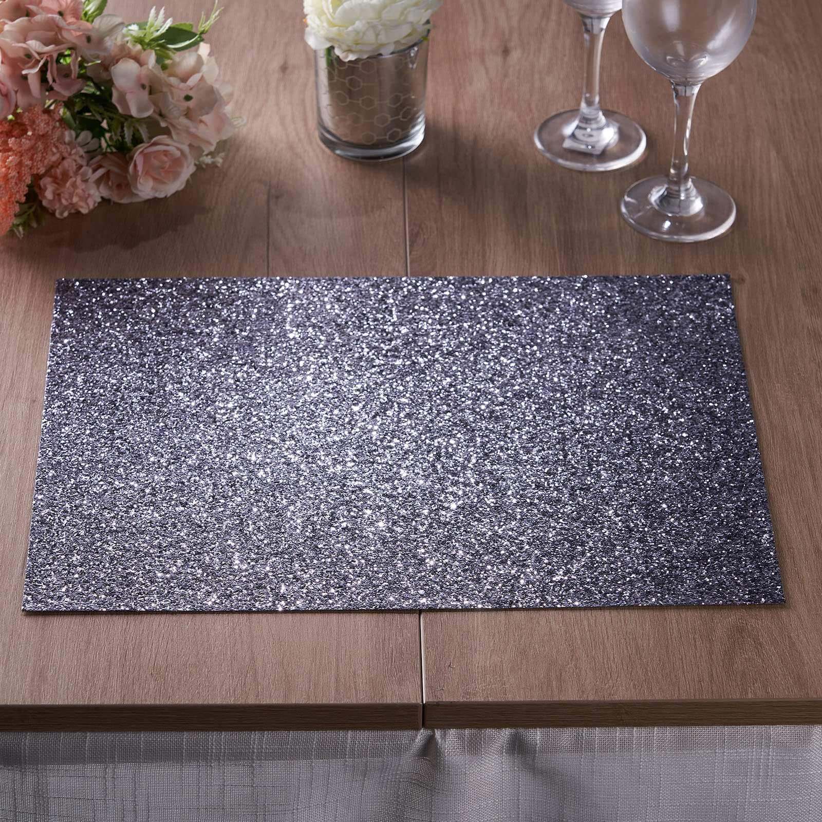 6-Pack Placemats Glitter Design Charcoal Gray Sparkle Rectangle - Non-Slip Decorative Dining Table Mats 12"x18"