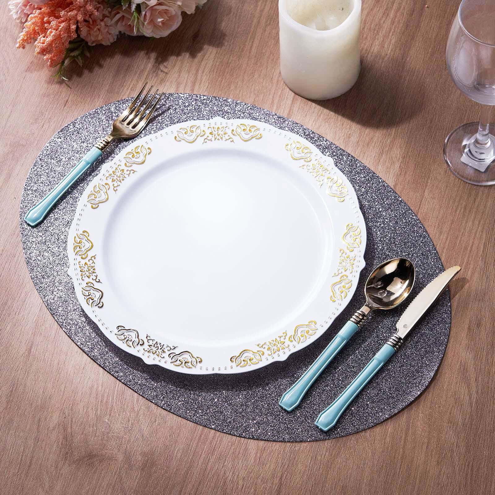 6-Pack Placemats Glitter Design Charcoal Gray Sparkle Oval - Non-Slip Decorative Table Mats for Dining 12"x18"