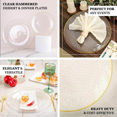 6-Pack Economy Plastic Round Charger Plates 13" in Clear Hammered Design with Gold Rim, Decorative Dinner Party Serving Plates