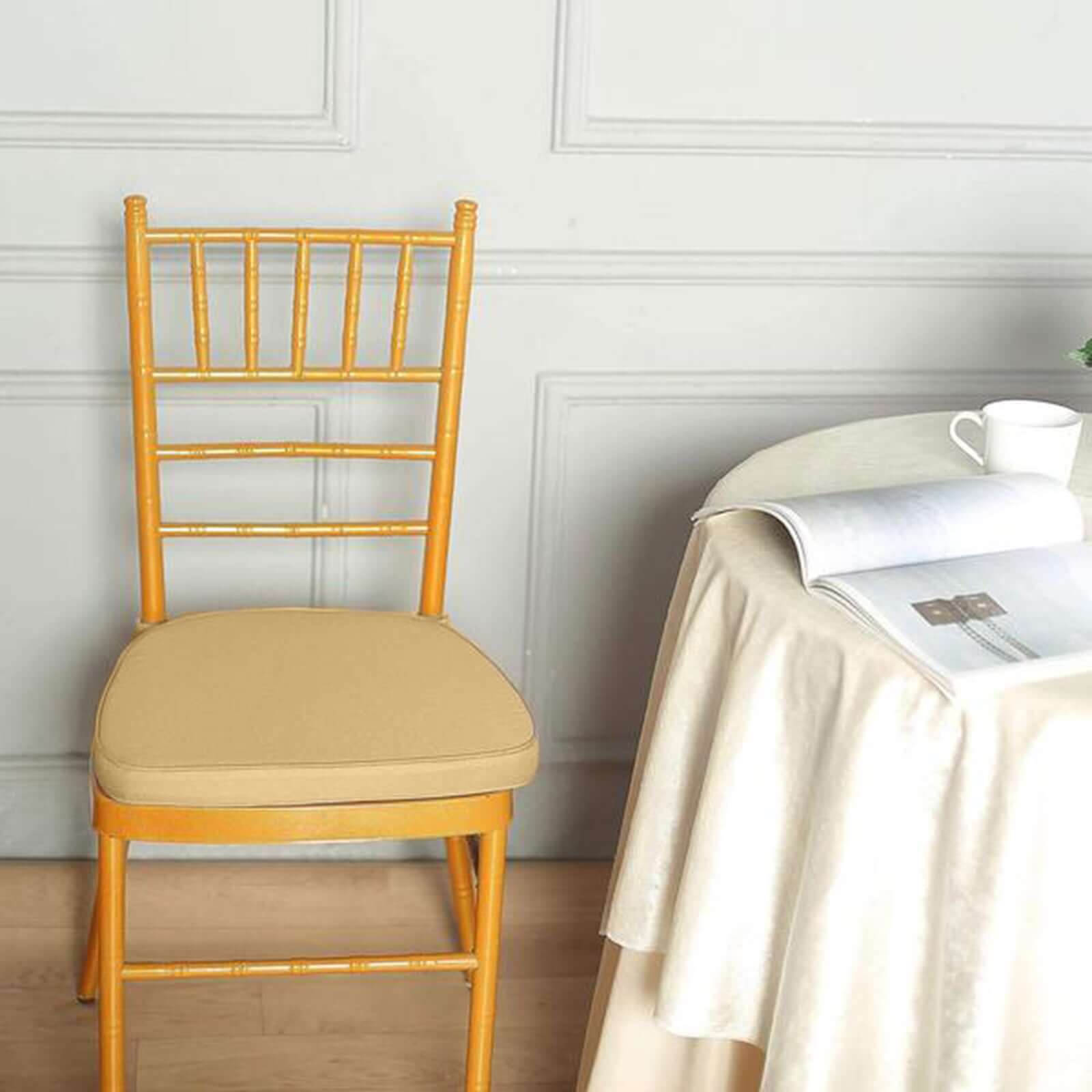 Chiavari Chair Cushion with 1.5" Thick Memory Foam and Ties Champagne - Stylish Removable Cover for Comfort