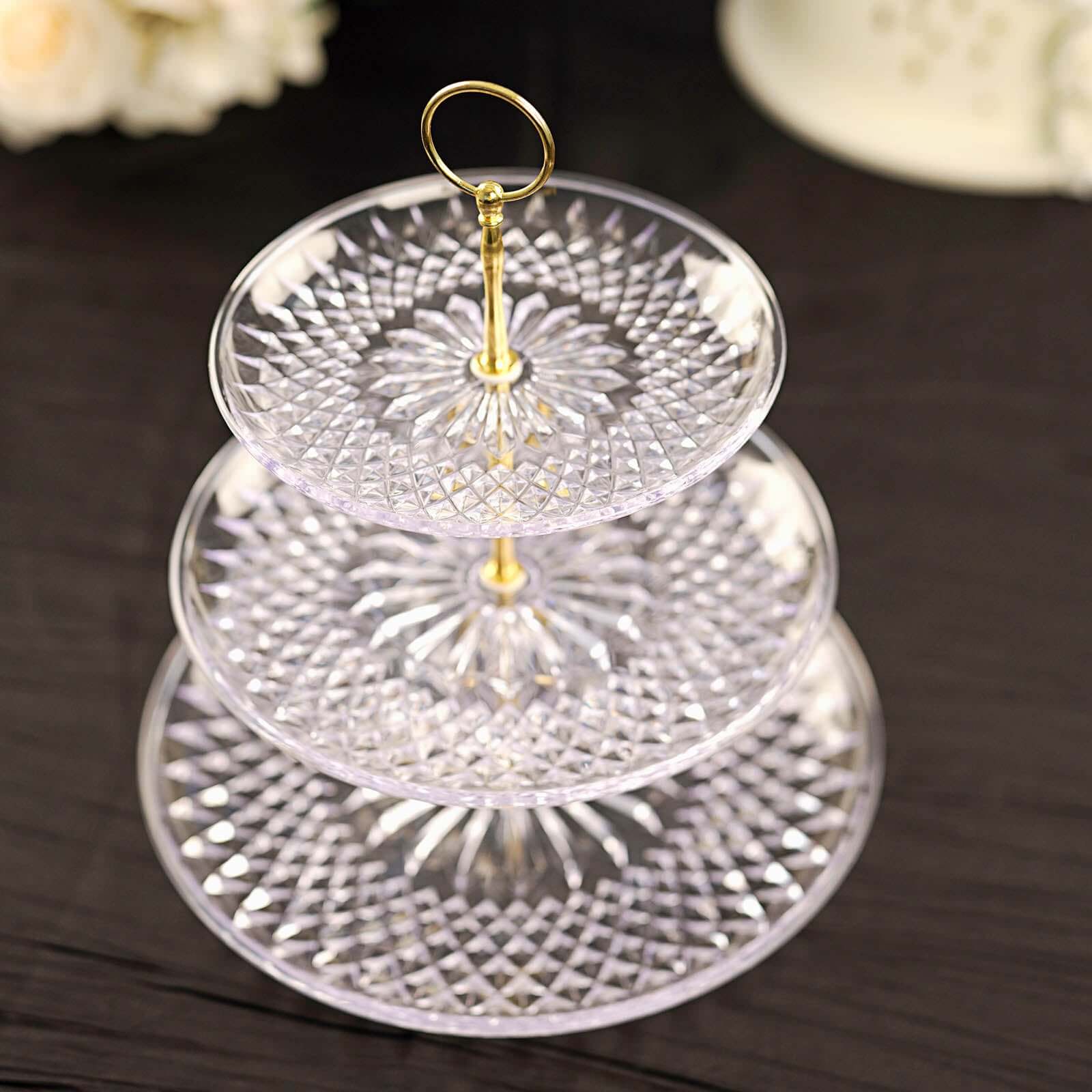 3-Tier Acrylic Cupcake Stand Clear - Sturdy Dessert Serving Tray Platter with Gold Top Handles for Classy Special Occasions & Dessert Buffets 12"