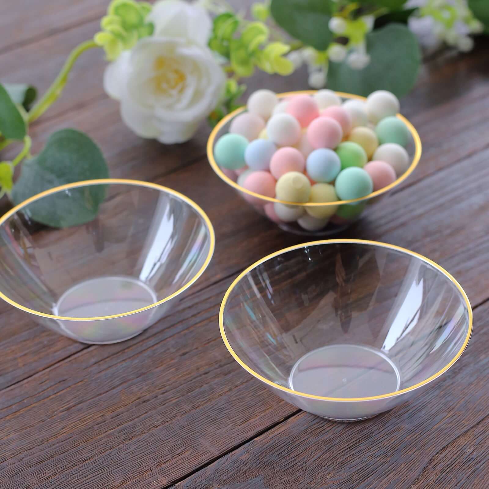 24-Pack Heavy Duty Plastic Ice Cream Bowls Clear Premium Gold Rim - Perfect for Celebrations 7oz