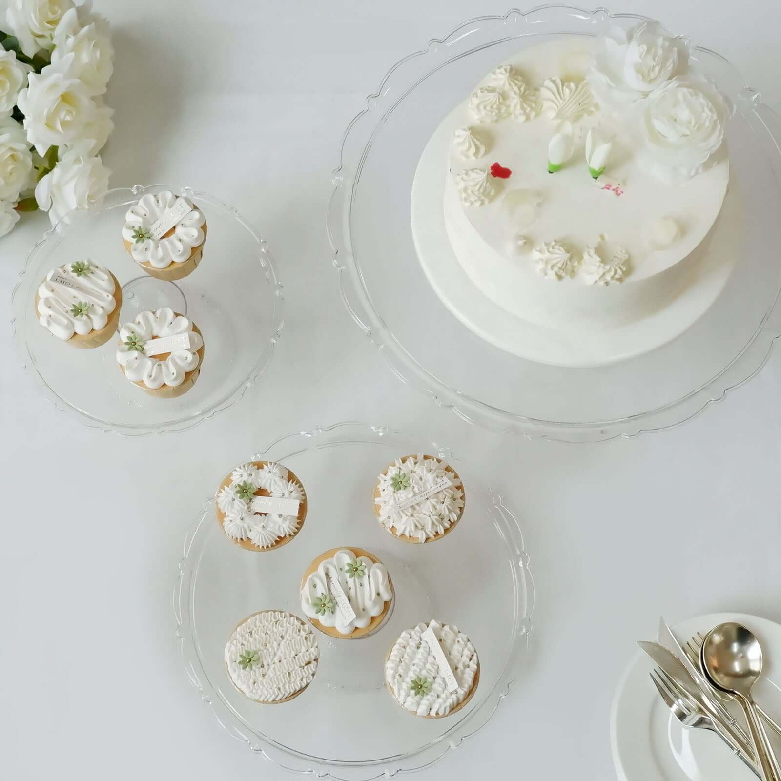 Set of 3 Plastic Round Pedestal Cake Stands Clear - Stackable Cupcake Display Holders with Scalloped Edges for Tea Parties Dessert Buffets & Banquets 9", 11", 15"