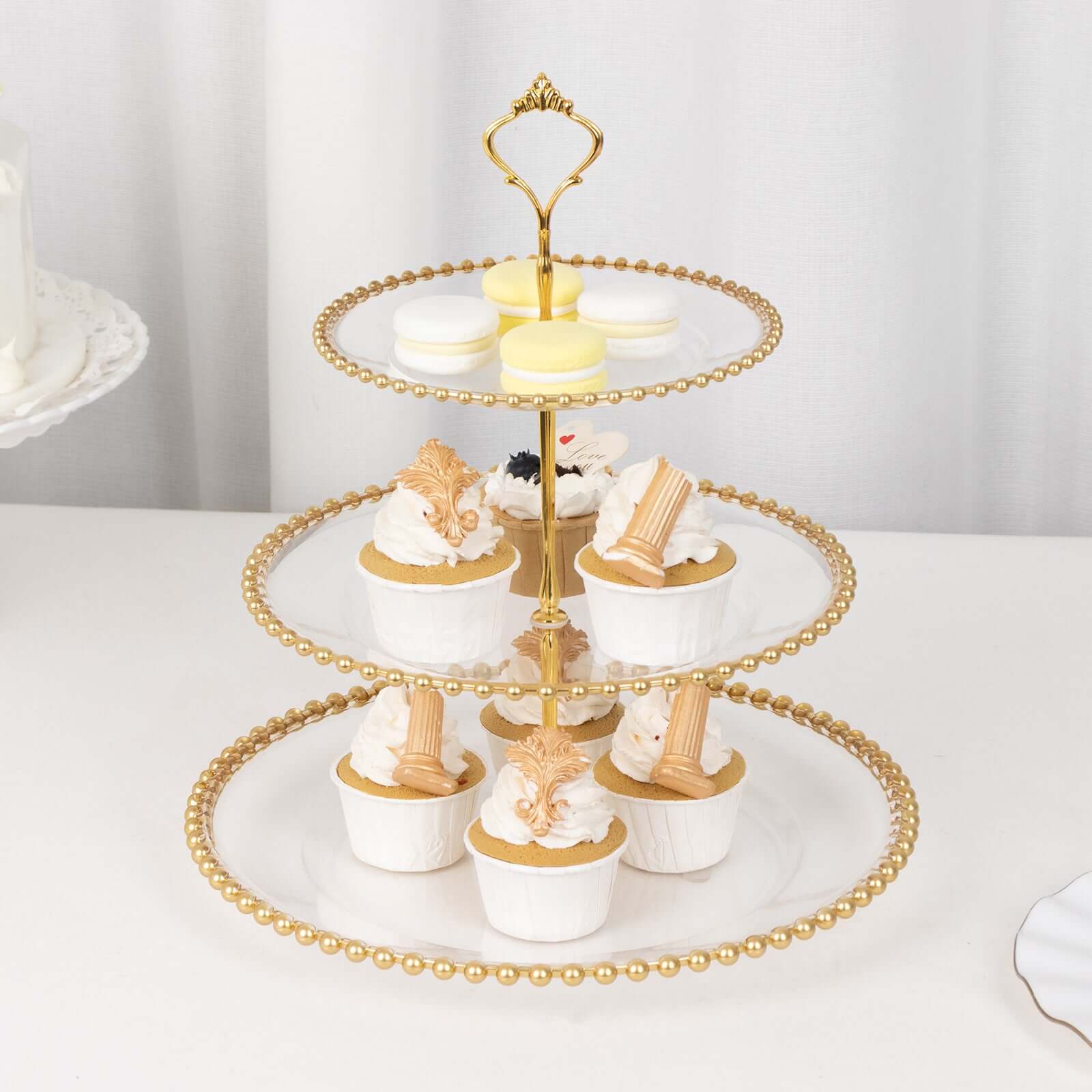 3-Tier Plastic Round Cupcake Tower Stand Clear - Versatile Dessert Display Tea Party Serving Platter with Gold Beaded Rim & Top Handle 14"