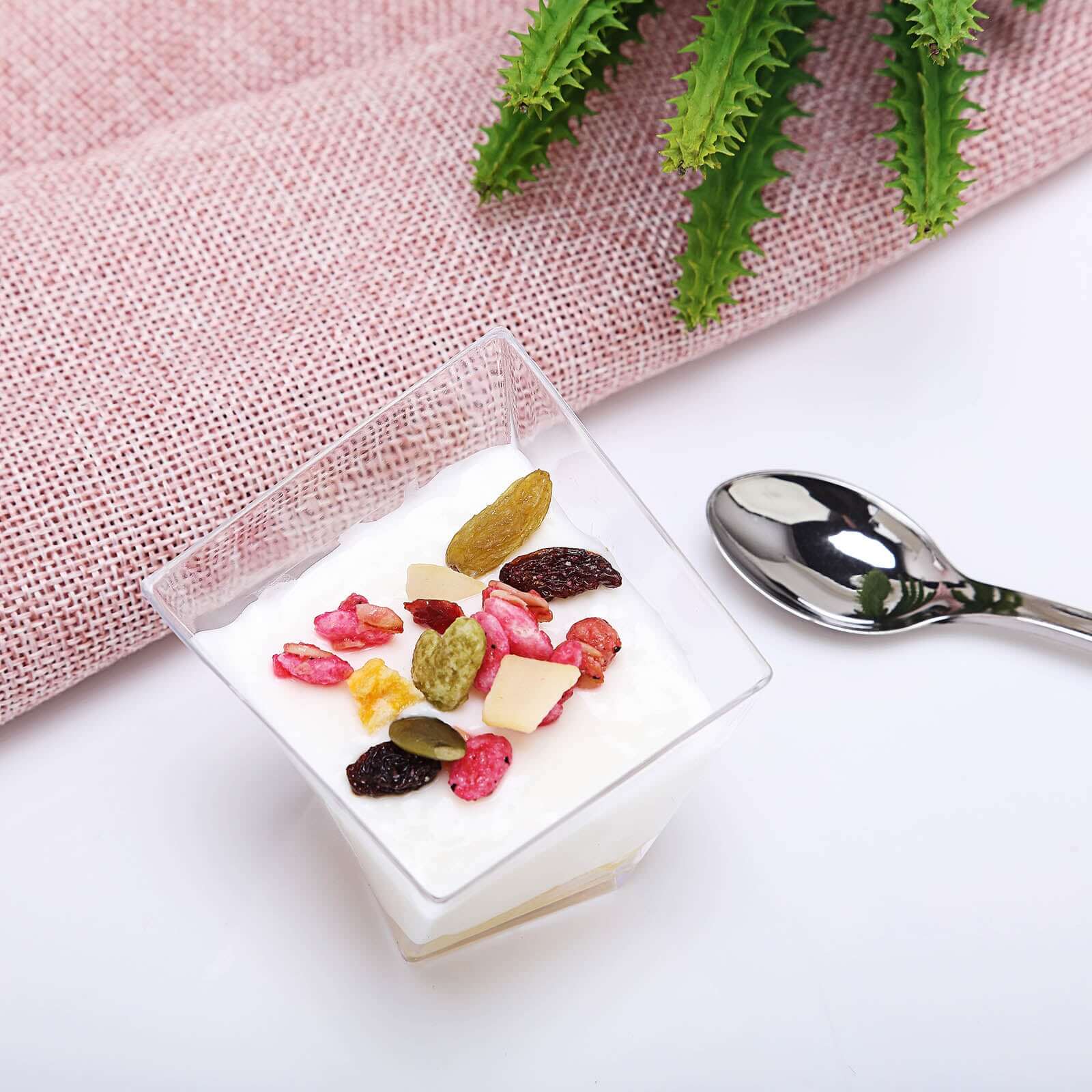 50-Pack Plastic Dessert Cups Square Twist Clear - Durable Disposable Sauce Cups for Parties 2oz