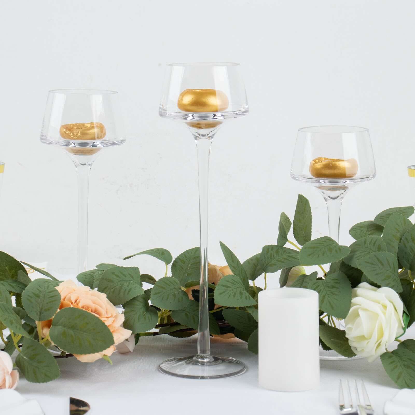 Set of 3 Glass Pedestal Vases Long Stem Clear - Tall Disc Candle Holders for Floral Centerpieces 8", 9", 10"