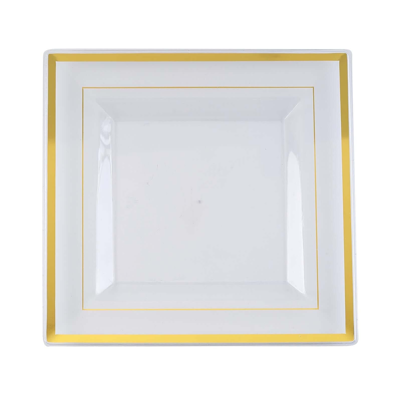 10 Pack 10" Gold Trim Clear Square Disposable Dinner Plates, Plastic Party Plates