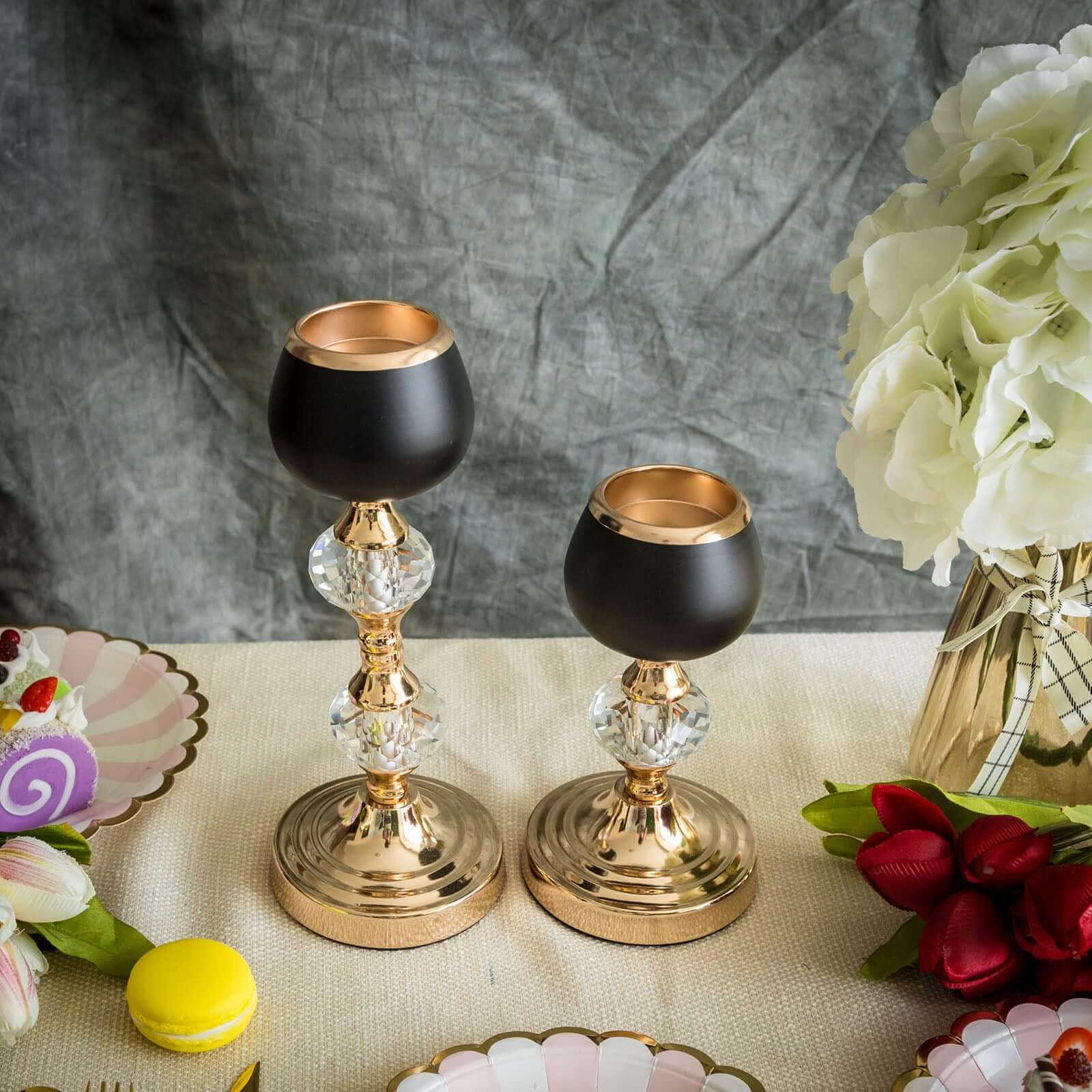 Set of 2 Metal Crystal Lamp Candle Holders Gold/Black - Sophisticated Votive Tealight Stands 7", 11"