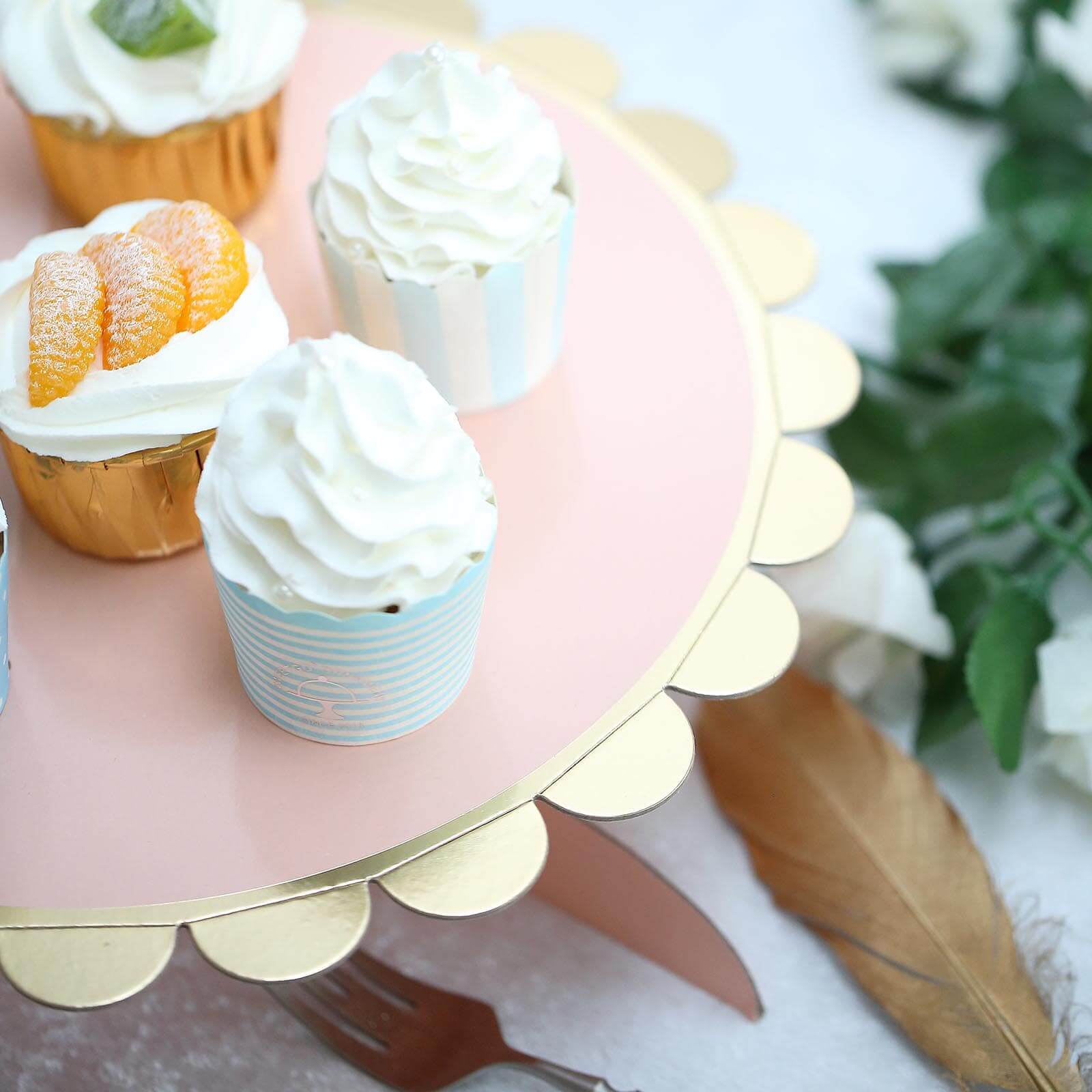 1-Tier Cardboard Cake Stand Blush - Stylish Reusable Cupcake Dessert Holder with Gold Scalloped Rim for Baby Showers Birthdays & Events 13"