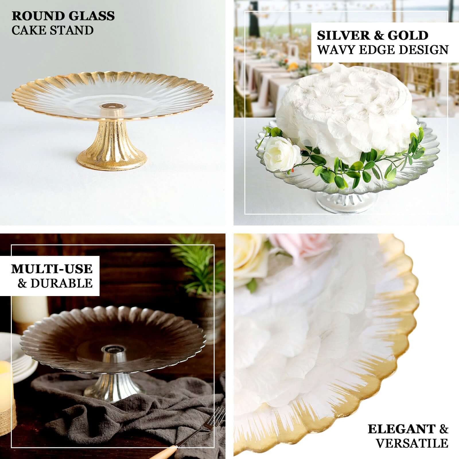Glass Pedestal Cake Stand Wavy Edge Design Silver - Cupcake Holder and Dessert Display Plate 12"