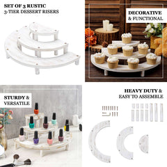 Set of 3 Wooden Dessert Pedestals Rustic Whitewashed 3-Tier Semicircle Design - Half Moon Cupcake Display Risers 7", 13", 18"