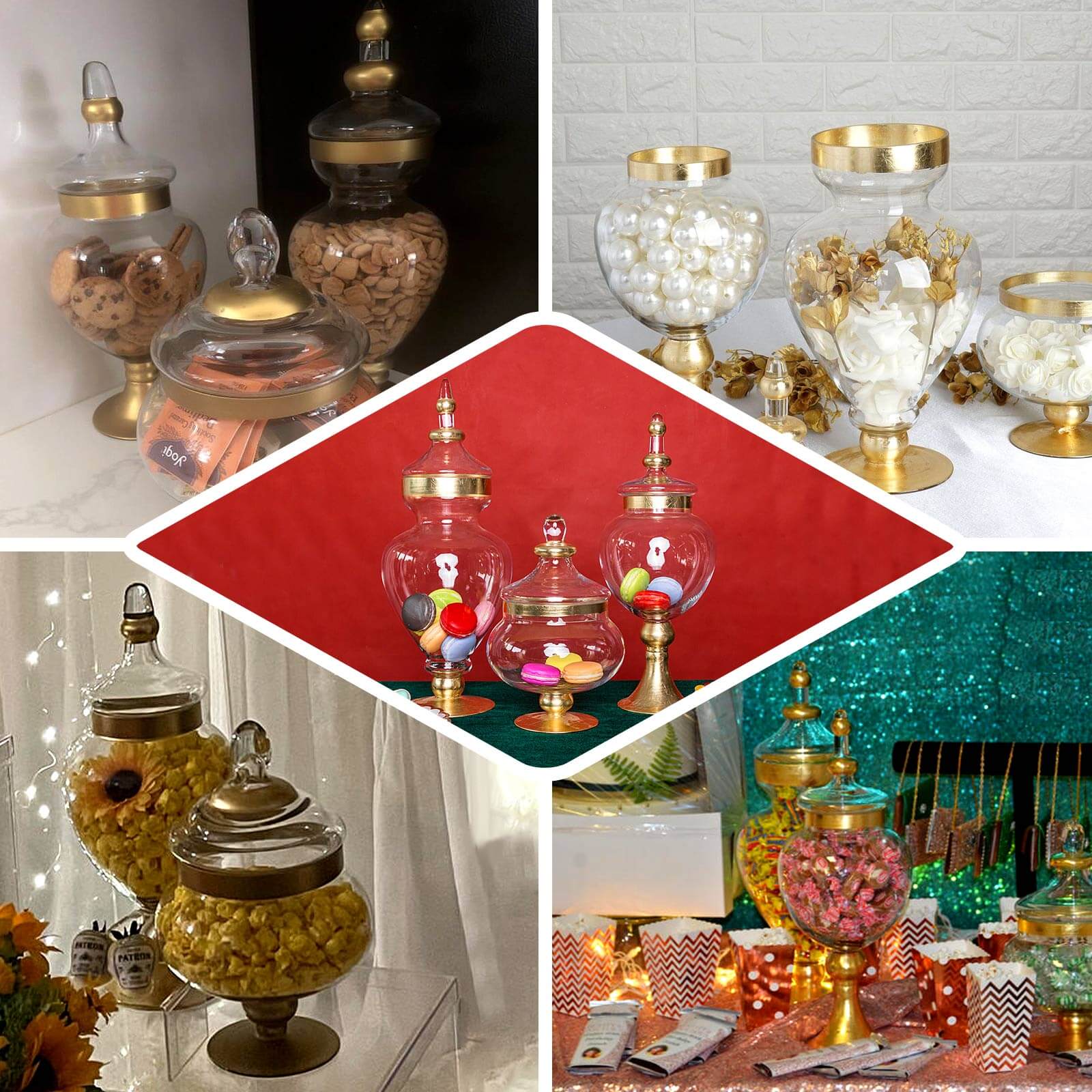 Set of 3 Glass Candy Jars Apothecary Design Gold Trim with Snap-On Lids - Large Stylish Containers for Parties 10"/14"/16"