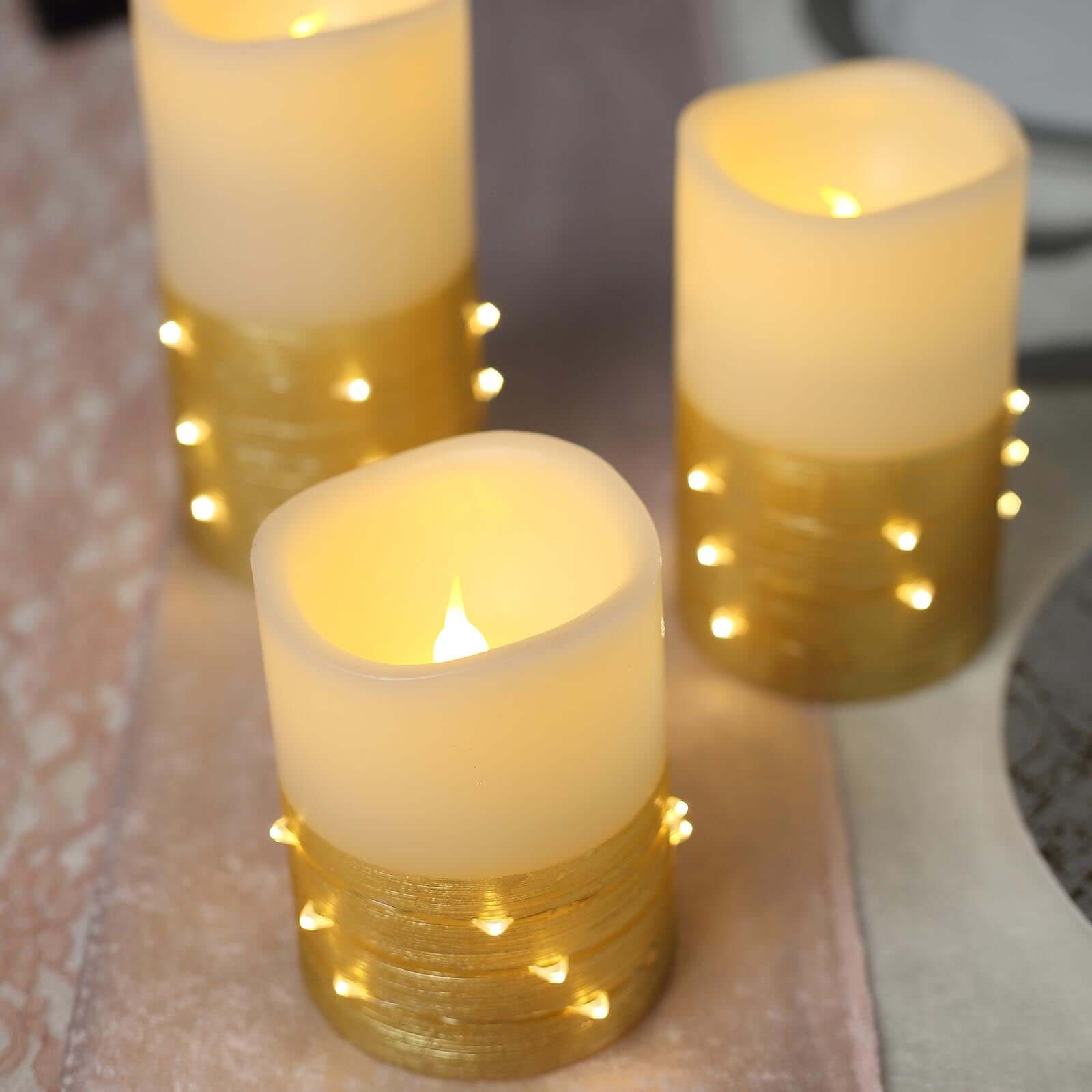 Set of 3 LED Flameless Pillar Candles Wrapped with Fairy String Lights Gold - Remote Operated 4", 5", 6"