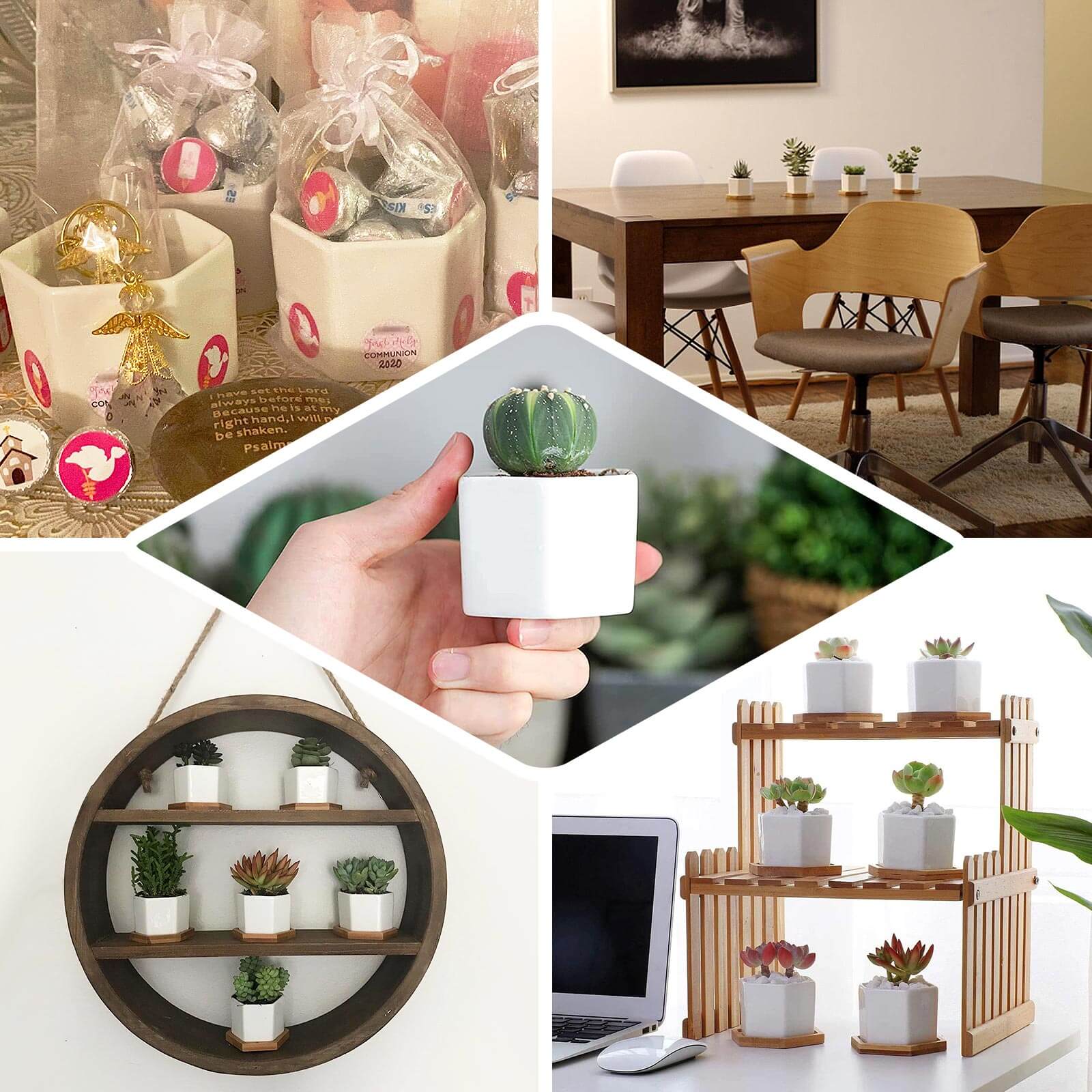 6-Pack Planter Pots Geometric Hexagon Design White - Ceramic Pots with Bamboo Tray and Removable Bottom 3"