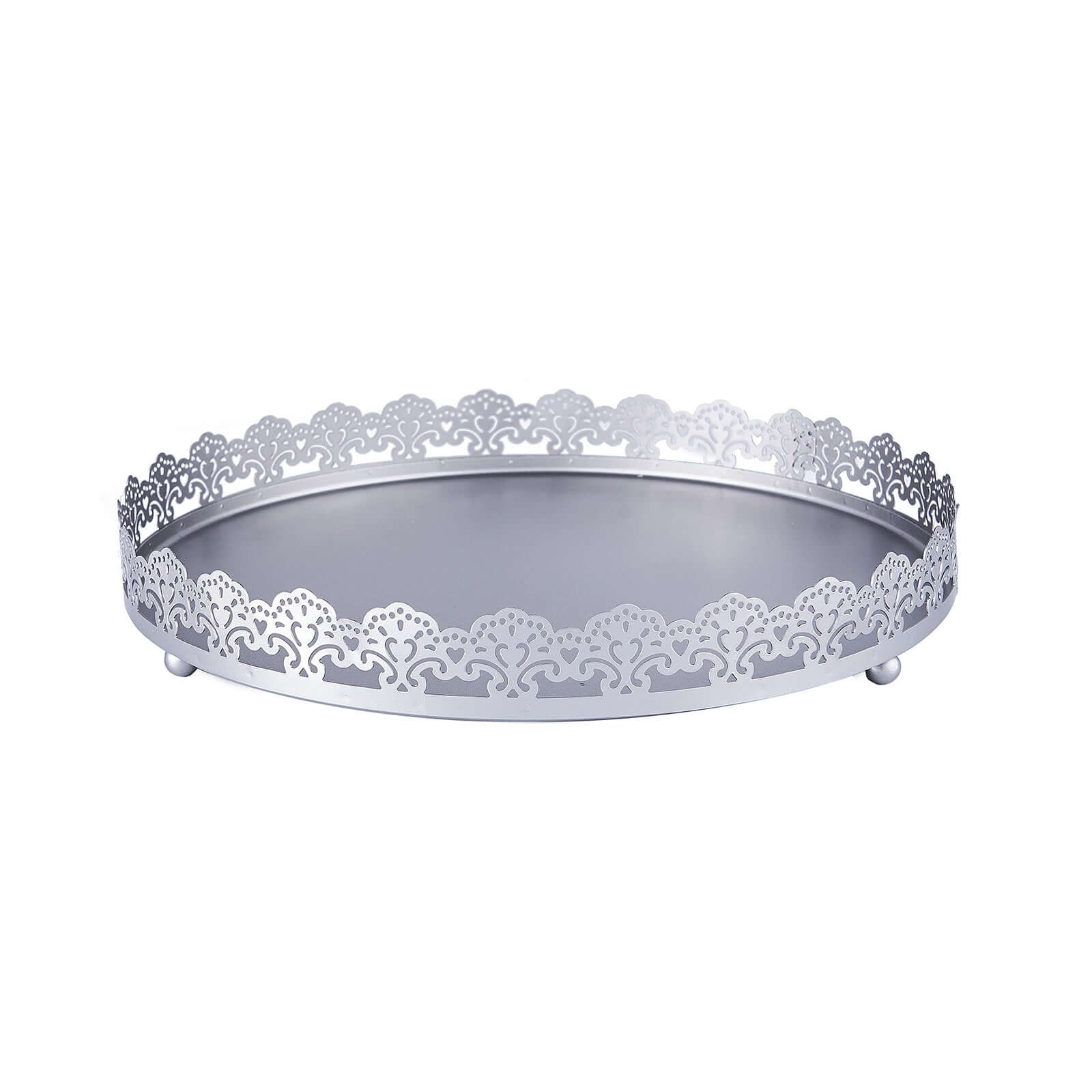 Metal Round Serving Tray 12" in Silver with Embellished Rims, Stylish Decorative Vanity Tray Centerpiece
