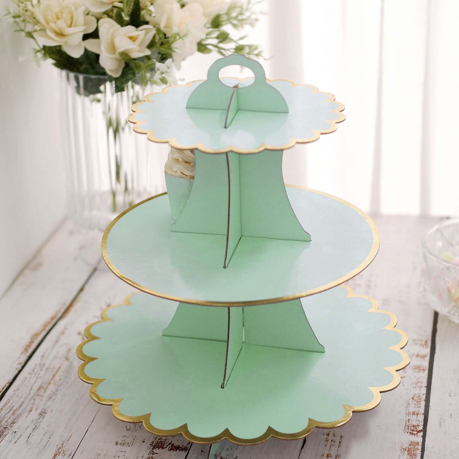 3-Tier Cardboard Cupcake Stand Mint - Sturdy & Collapsible Dessert Treat Tower with Gold Scalloped Rim for Baby Shower Wedding & Party Decor 13"