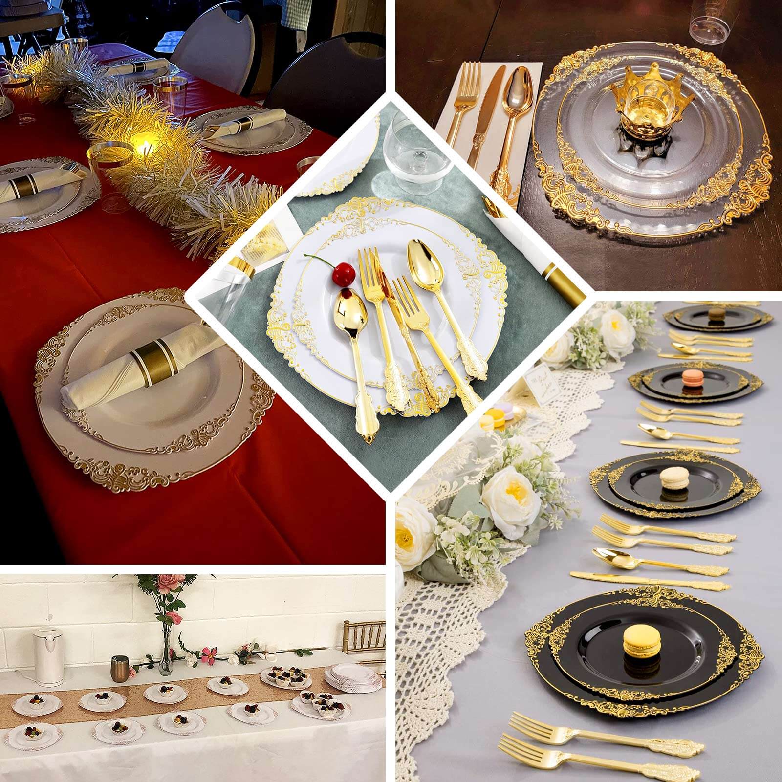 10-Pack Plastic 8" Round Dessert Plates in White with Gold Leaf Embossed Rim - Disposable Vintage Baroque Style Salad Plates for Luxurious Gatherings & Events