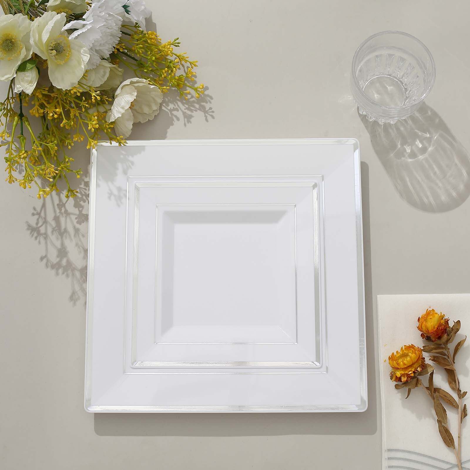 10-Pack Plastic Dinner Plates White Square with Silver Trim - Lightweight Disposable Plates for Events 10"