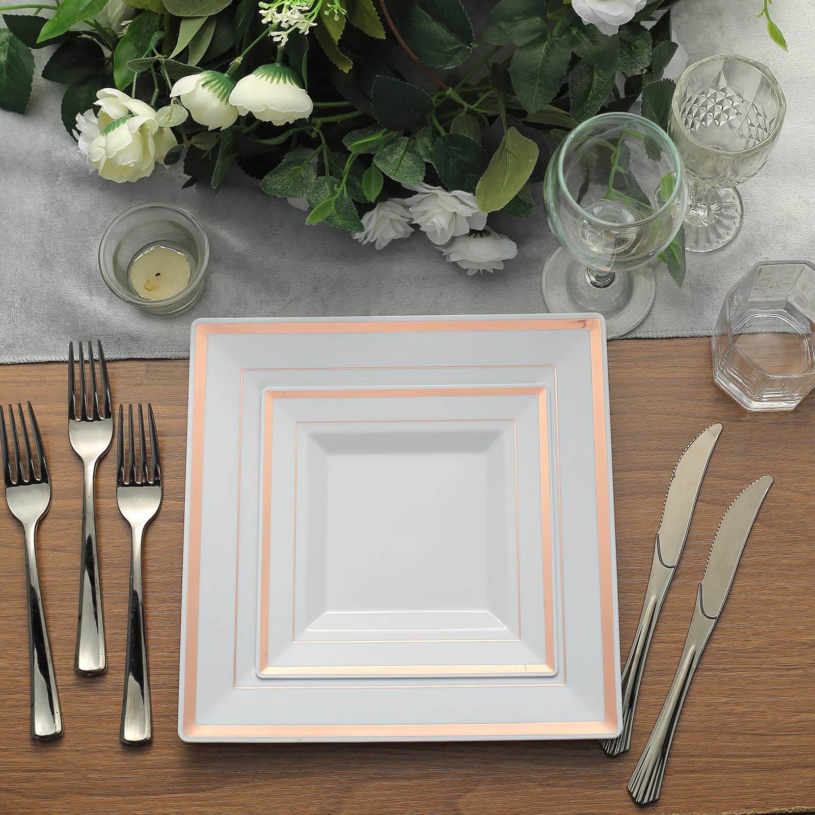 10-Pack Plastic Dinner Plates White Square with Rose Gold Trim - Lightweight Disposable Plates for Events 10"