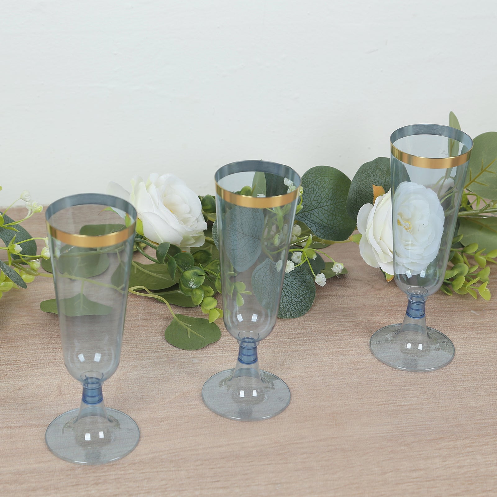 12-Pack Plastic Champagne Flutes Transparent Dusty Blue with Gold Rim - Stylish Disposable Cocktail Glasses for Parties 5oz 6"